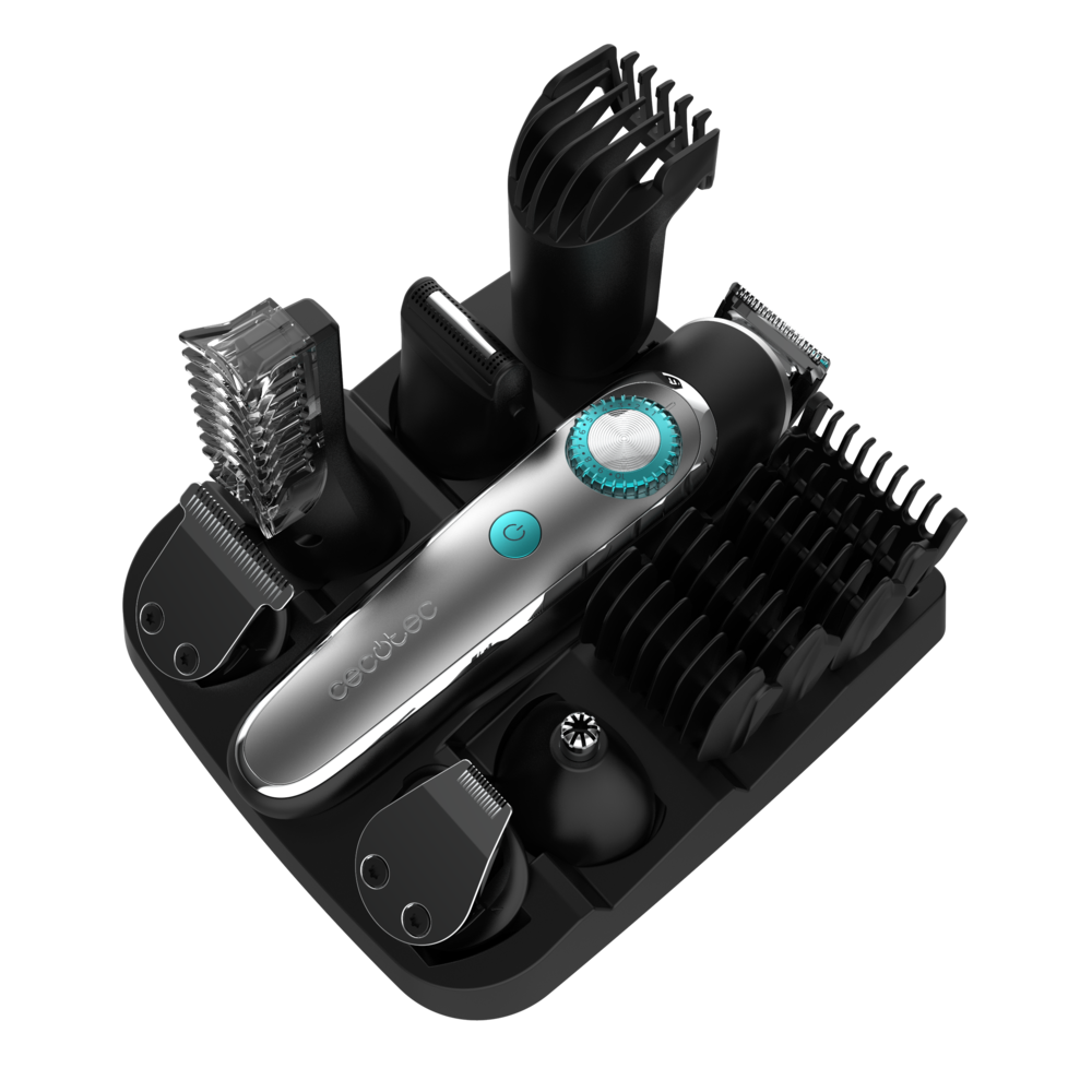 Un kit de aseo con recortadora plateada, múltiples accesorios y peines guía en un soporte sobre fondo negro.