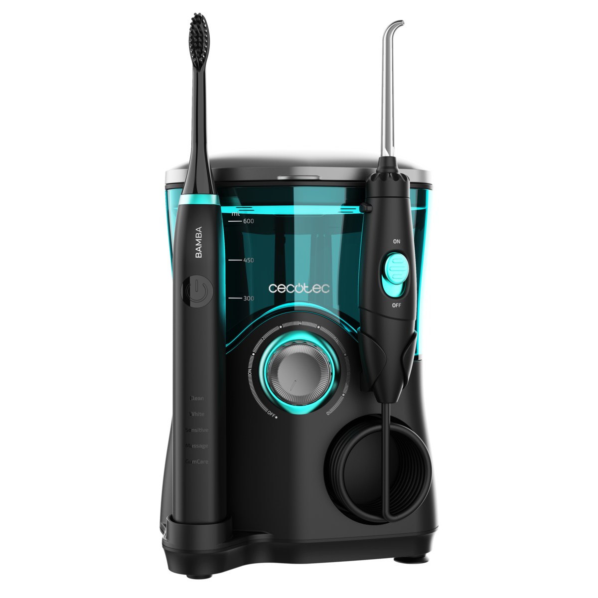 Irrigador bucal y cepillo eléctrico Cecotec negro con iluminación turquesa sobre fondo negro.