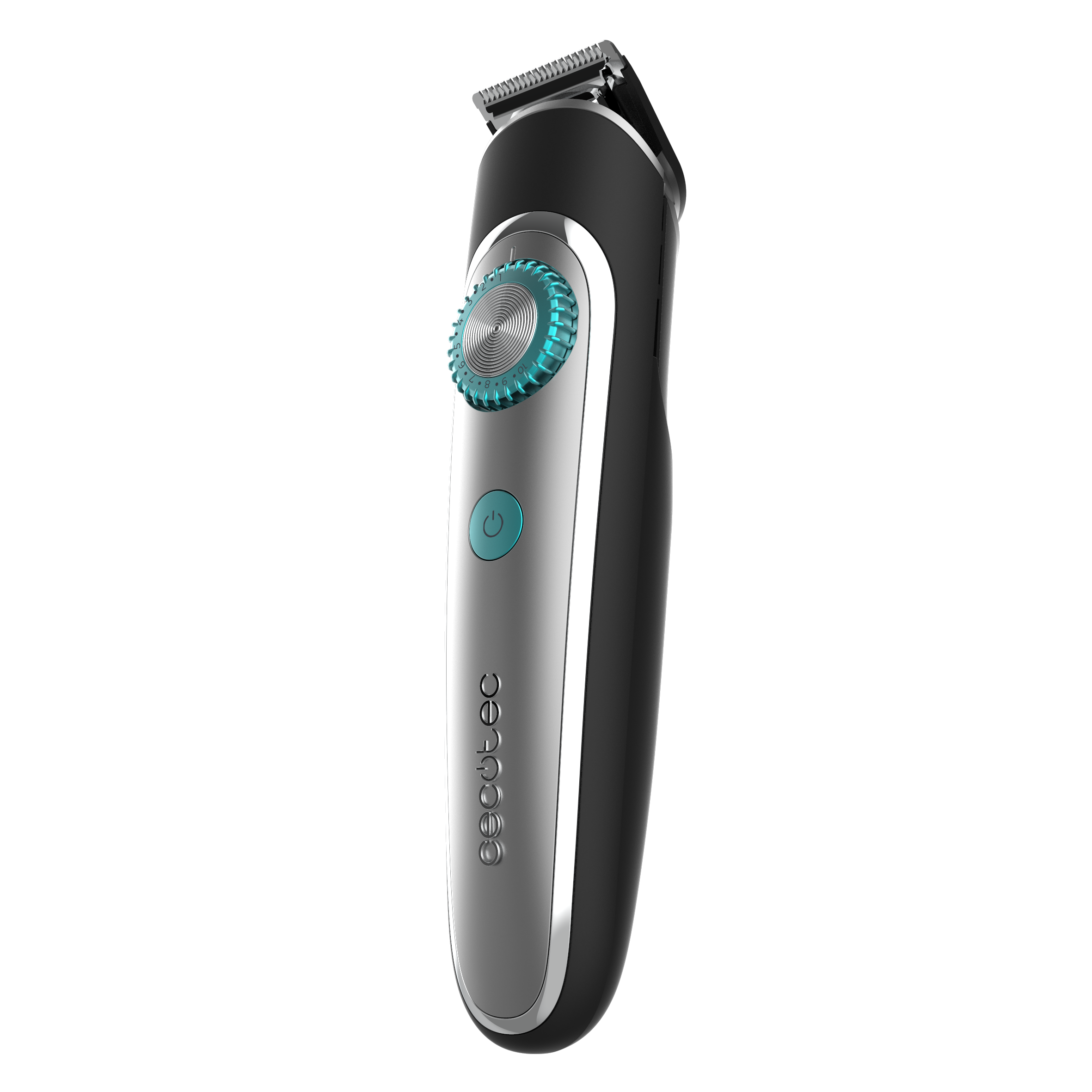 Recortadora de barba negra y plateada con rueda de ajuste azul y botón de encendido sobre fondo negro.