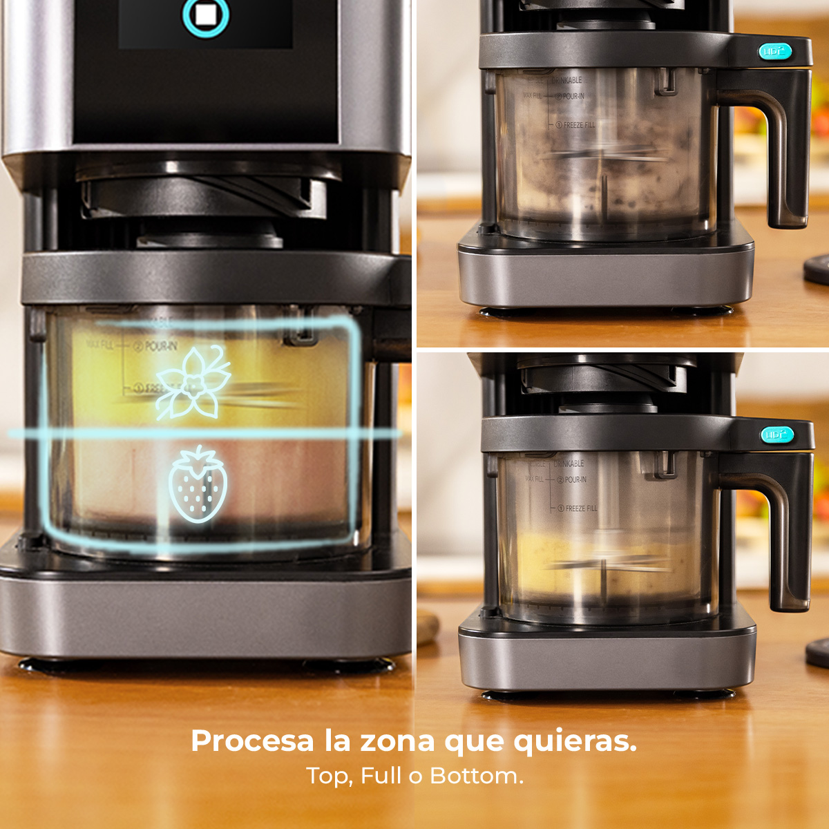 Heladera multifuncional procesando diferentes capas con iconos de vainilla y fresa.