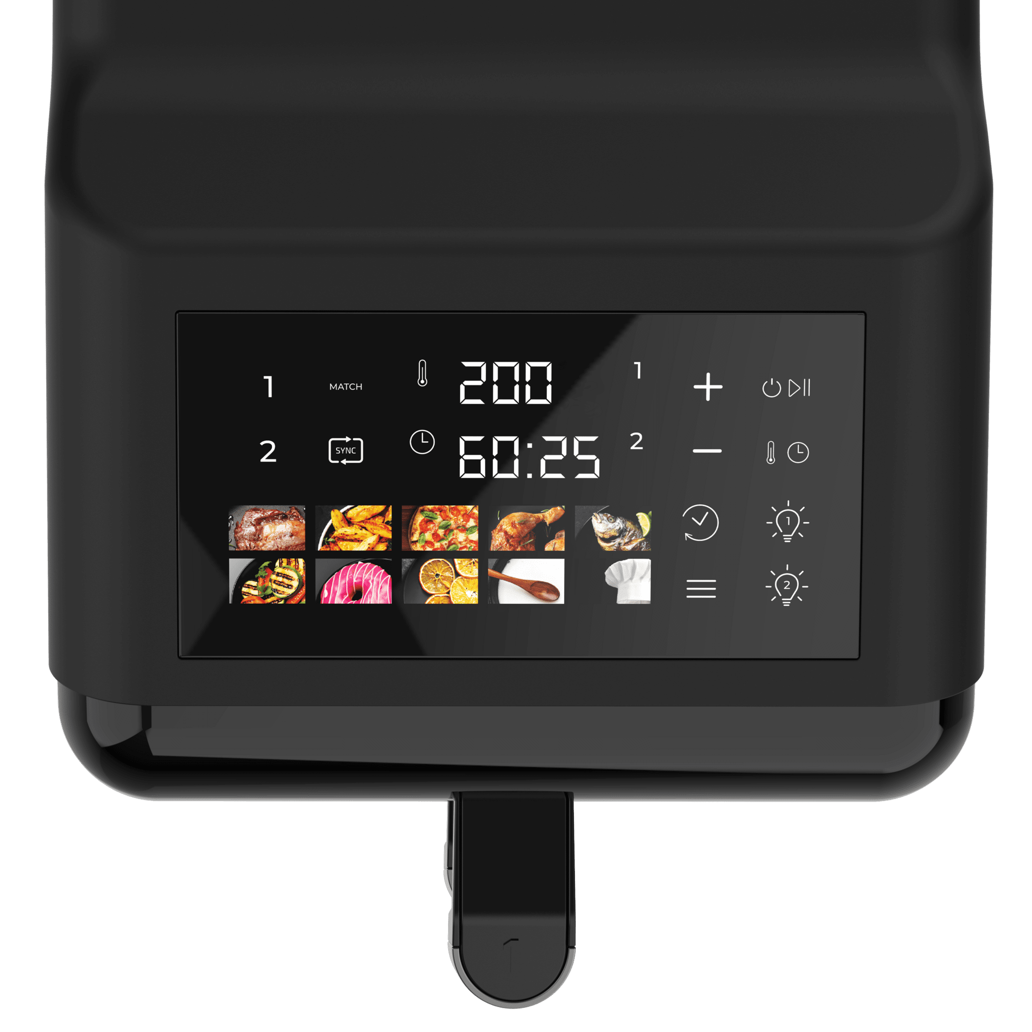 Panel de control digital de una freidora de aire negra con iconos de temperatura, tiempo y cocina.