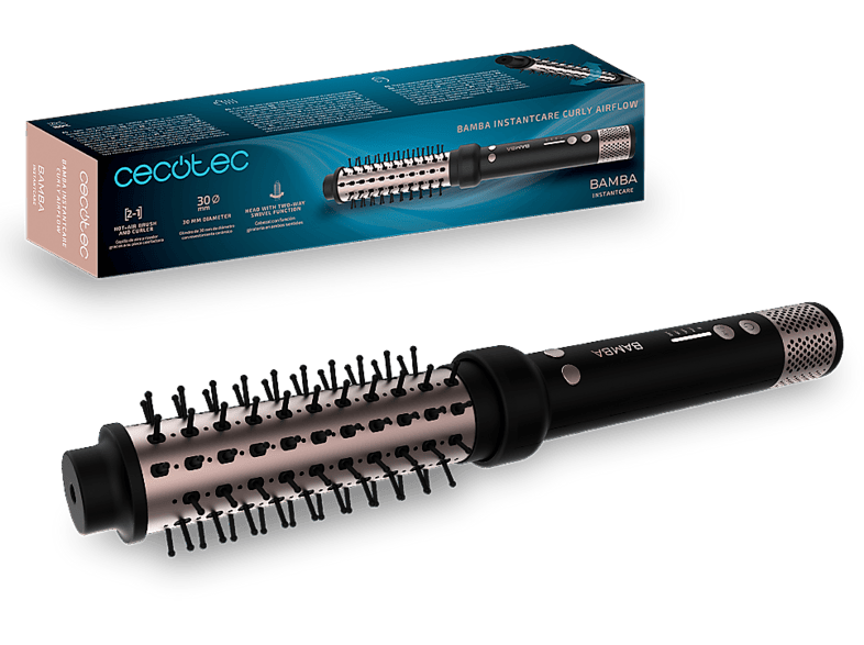 Moldeador - Cecotec InstantCare Curly AirFlow Elite, 2 en 1, Cilindro 34 mm, Cerámico, Cabezal giratorio, Aire caliente, 120-160 ºC, 1,9 m, Negro