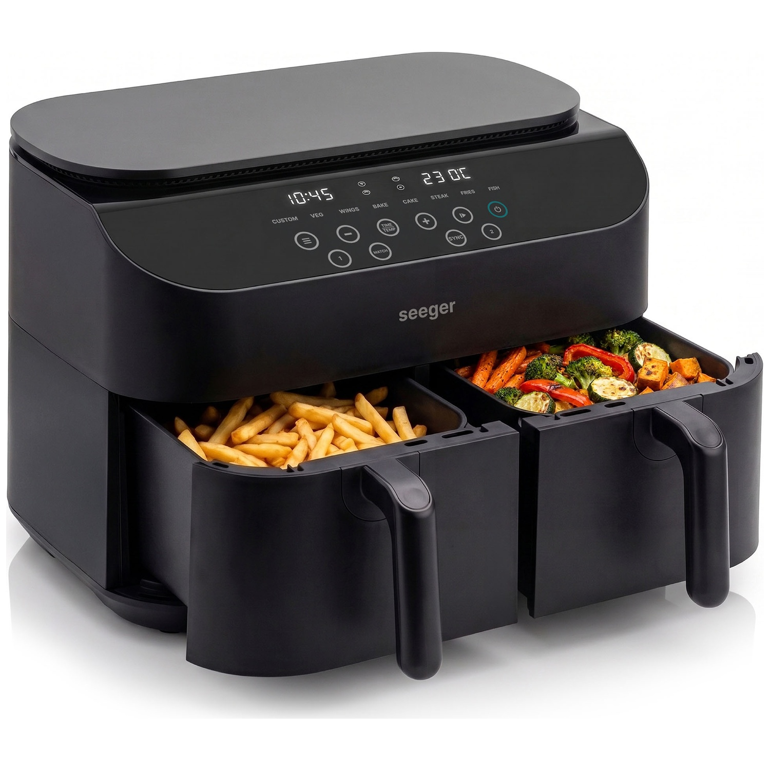 Black dual-basket air fryer with french fries in the left basket and mixed vegetables in the right basket.