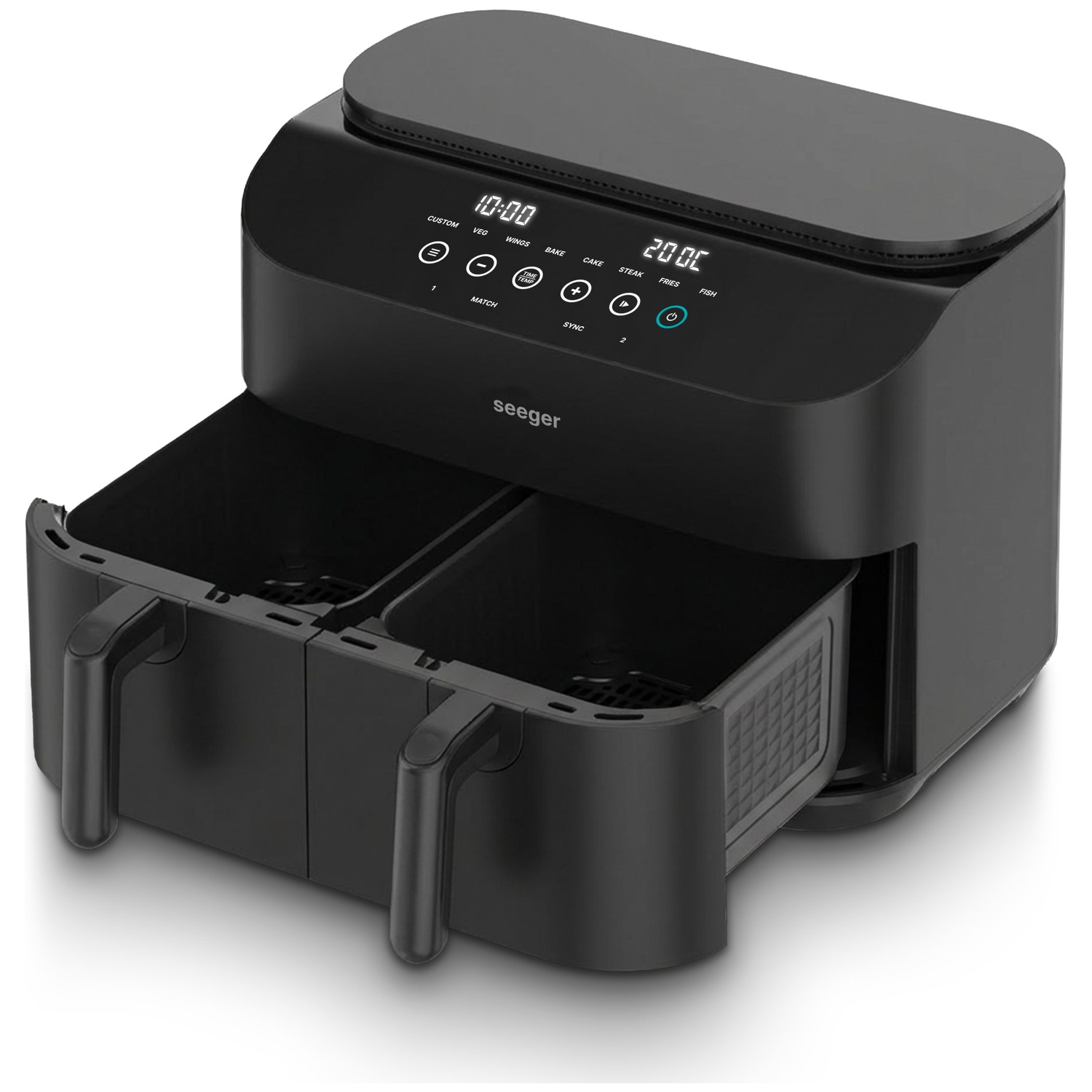 Black dual-basket air fryer with digital control panel and open drawers on a white background.