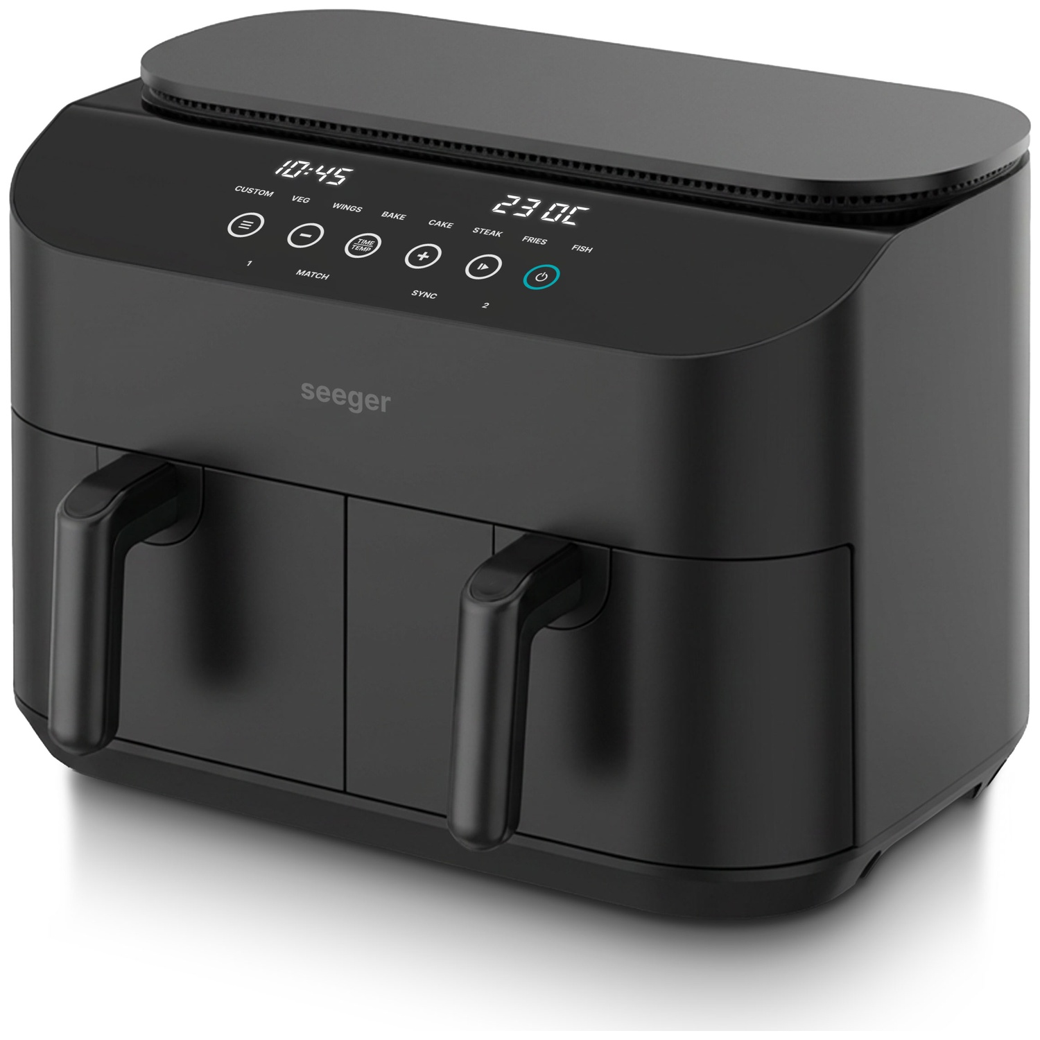 Black dual-basket air fryer with a digital control panel and two handles on a white surface.