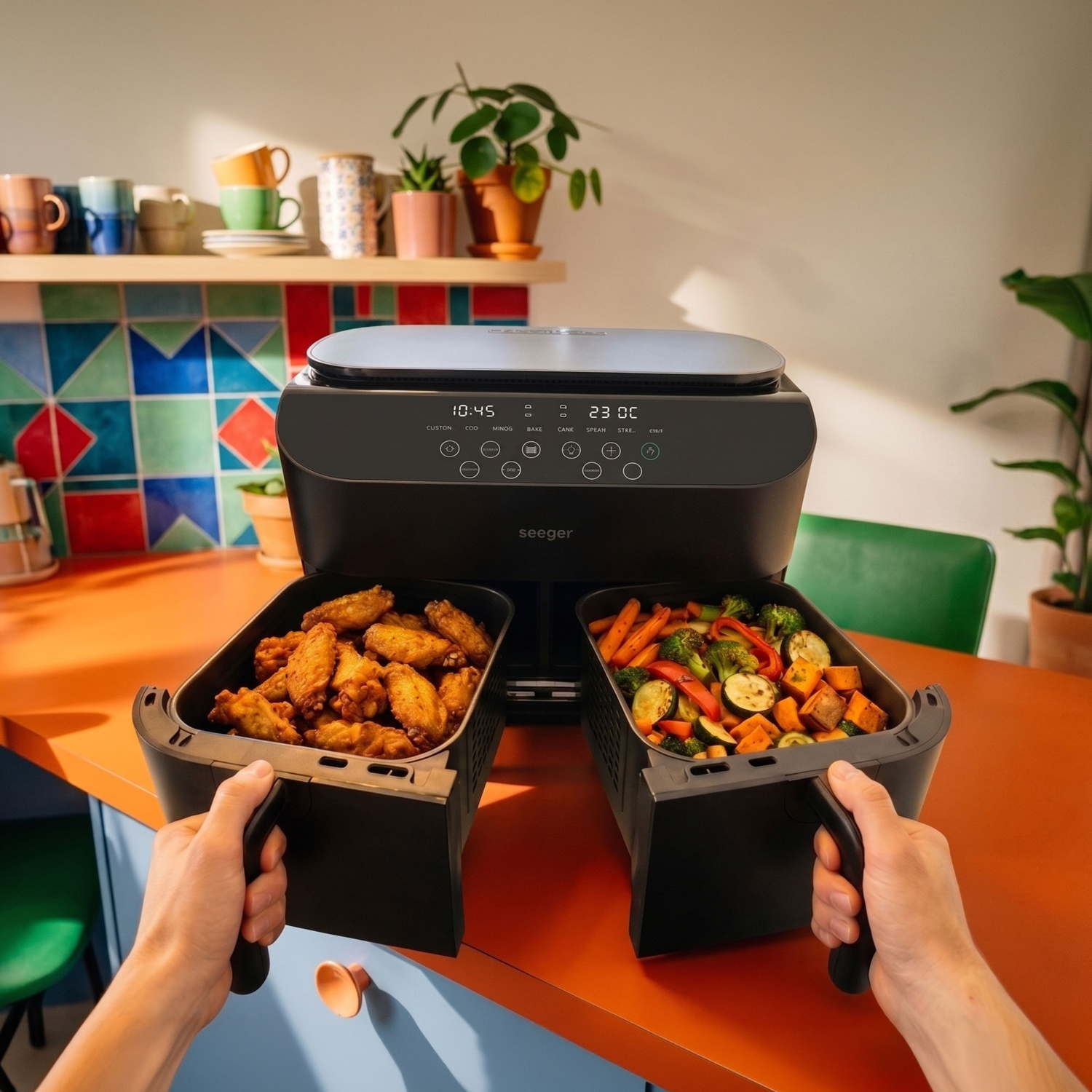 Person opens dual air fryer drawers filled with chicken wings and roasted vegetables in a colorful kitchen.