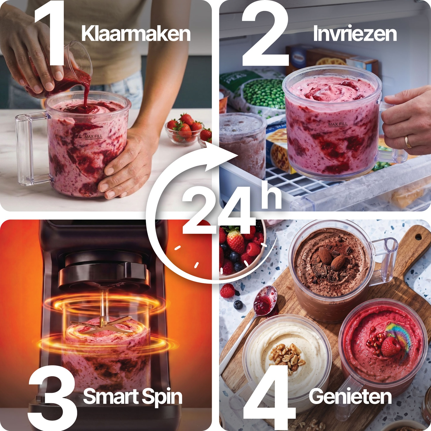 Four steps shown: 1. Prepare, 2. Freeze for 24 hours, 3. Smart Spin, 4. Enjoy.