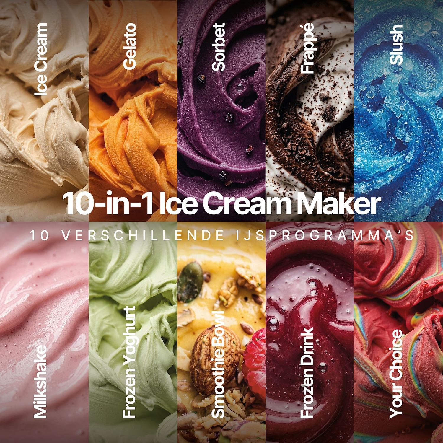 Collage of ten different types of ice cream and frozen desserts with text.