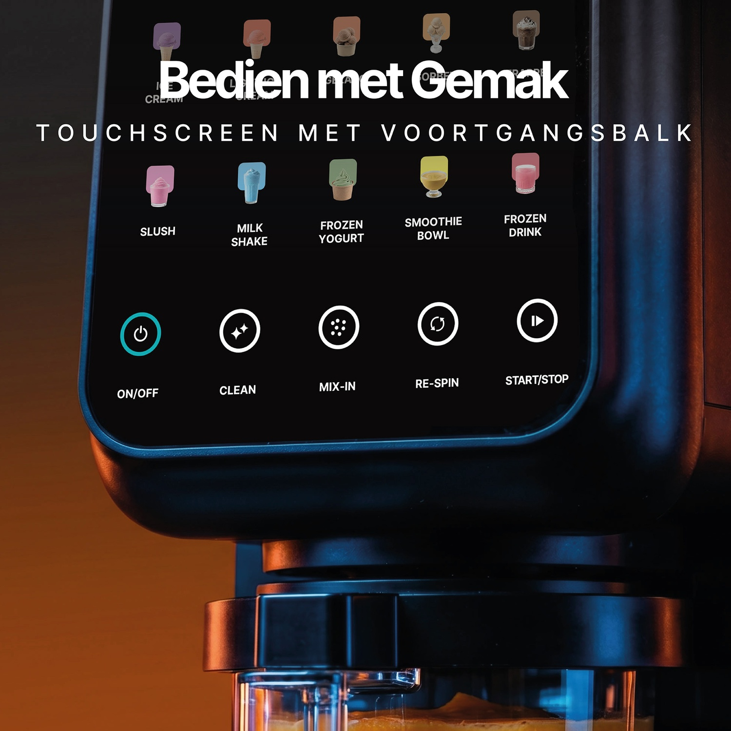 A black touchscreen appliance panel displays various drink options and control buttons with Dutch text overlay.