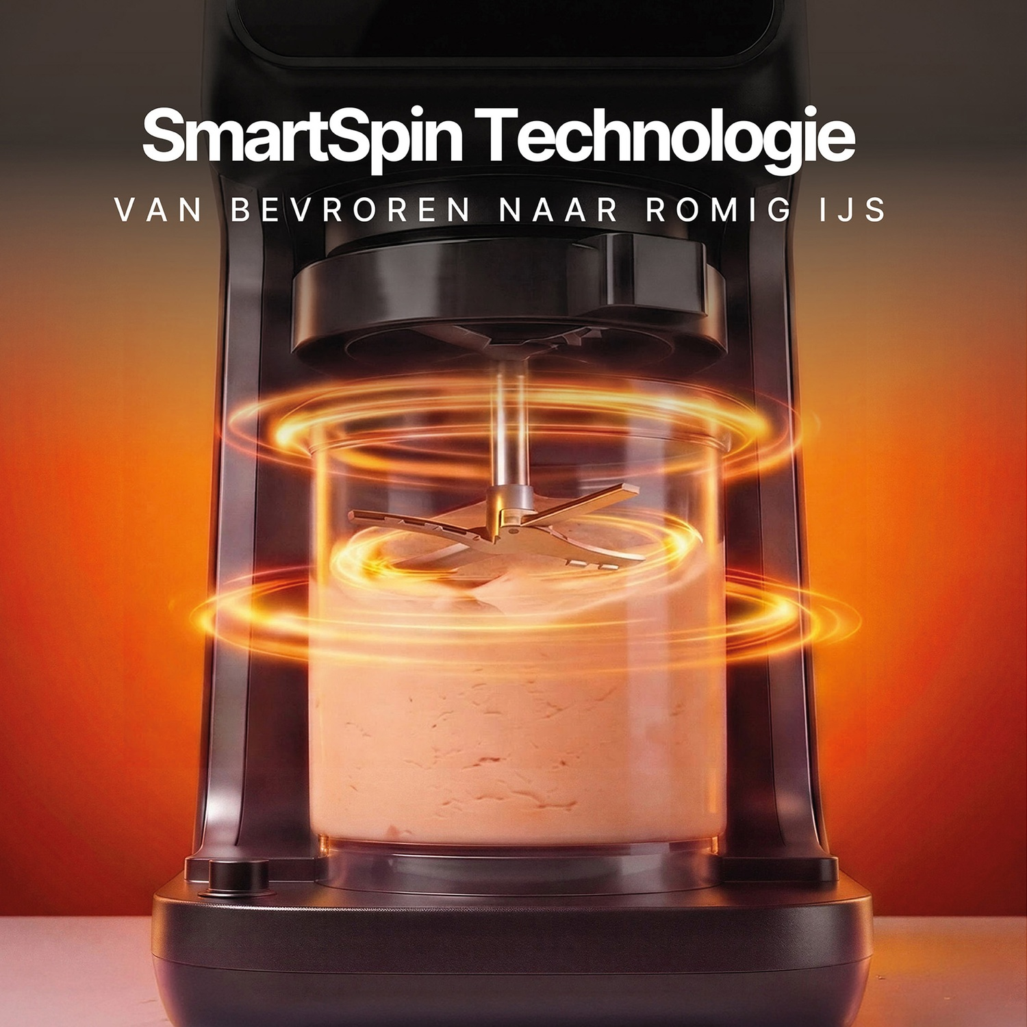 Ice cream maker with a spinning paddle inside a glass container against an orange background.