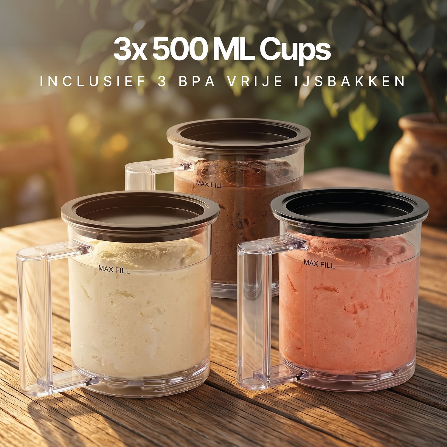 Three 500ml clear containers with black lids on a wooden table, filled with vanilla, chocolate, and strawberry ice cream.