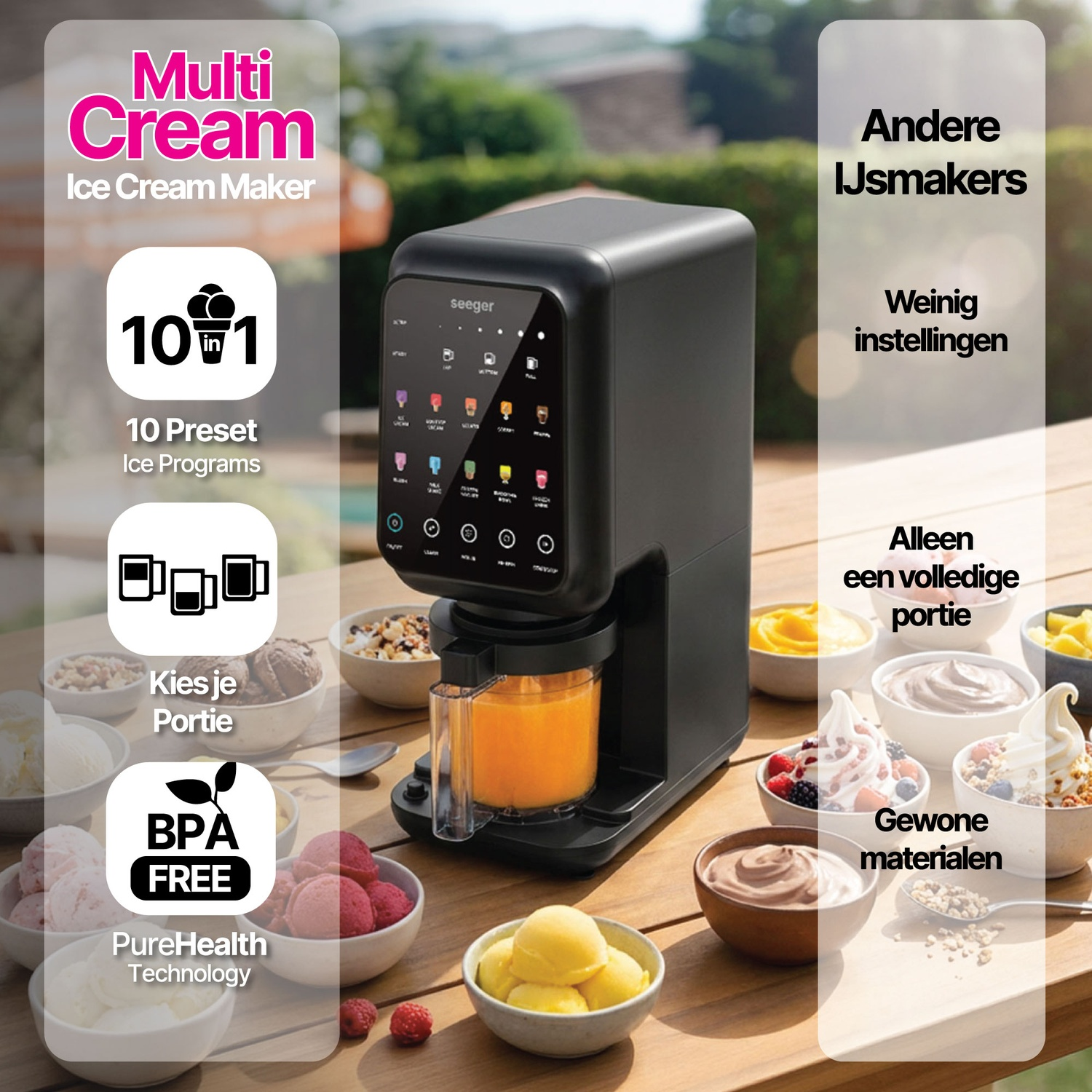 A black Multi Cream ice cream maker on a wooden table, surrounded by bowls of ice cream.
