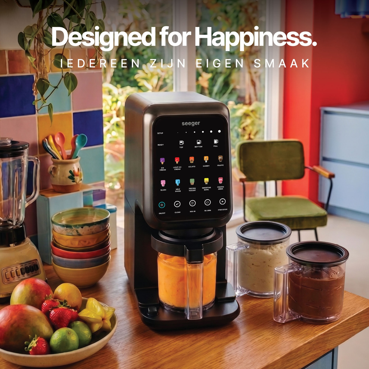 A modern ice cream machine on a wooden counter with fruit, bowls, and text reading Designed for Happiness.