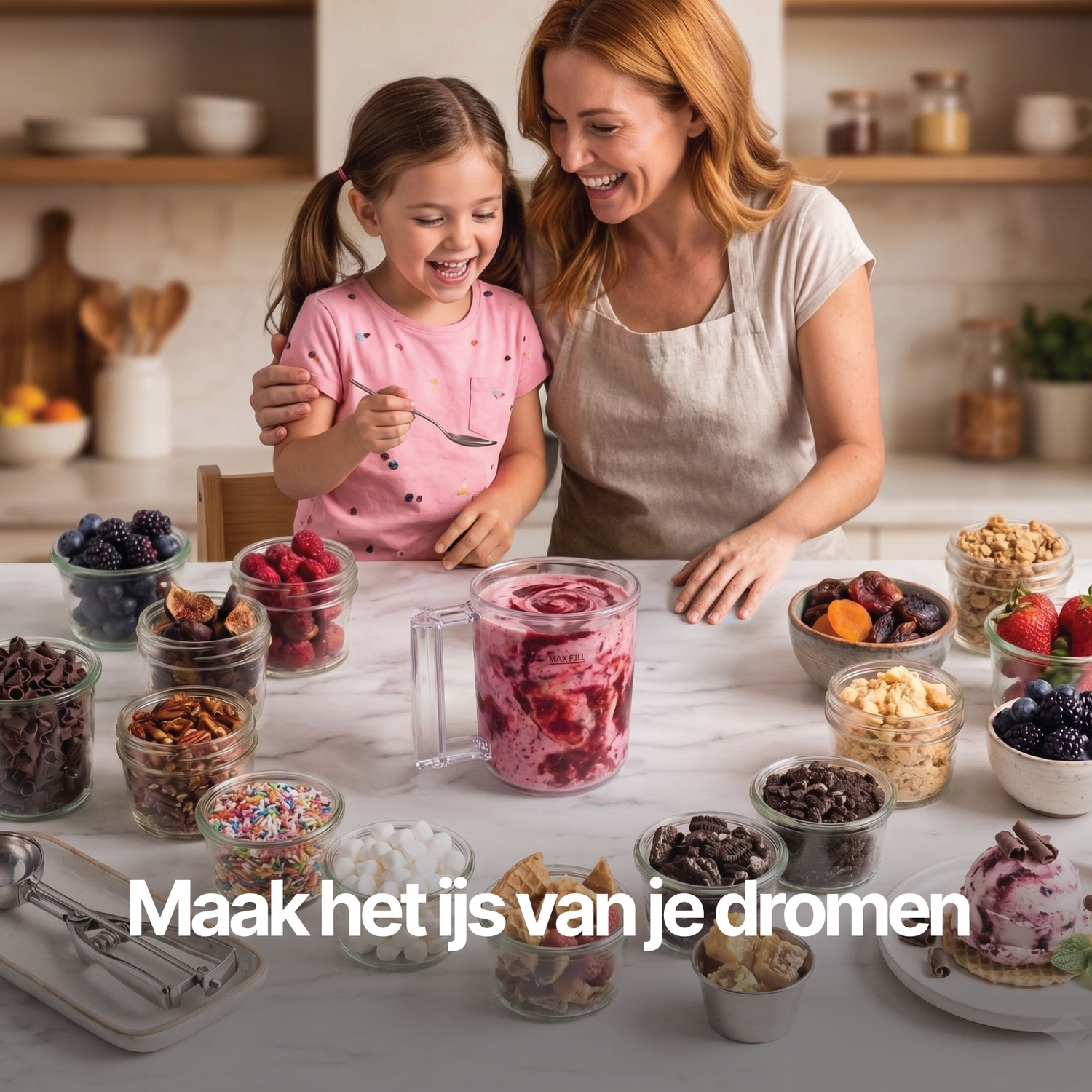 Mother and daughter make ice cream with berries and toppings in a kitchen.
