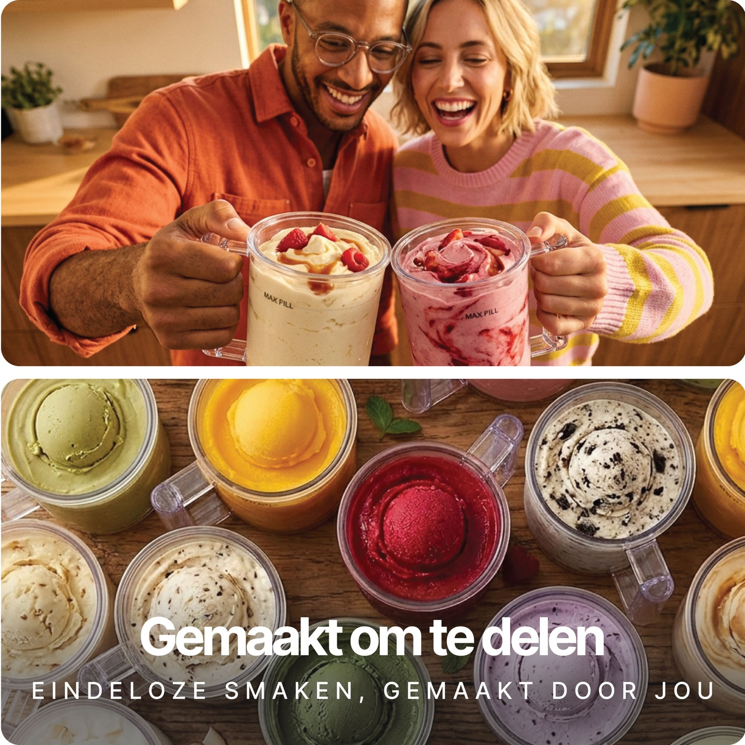 Happy couple holding ice cream cups, below many different ice cream flavors on wood.