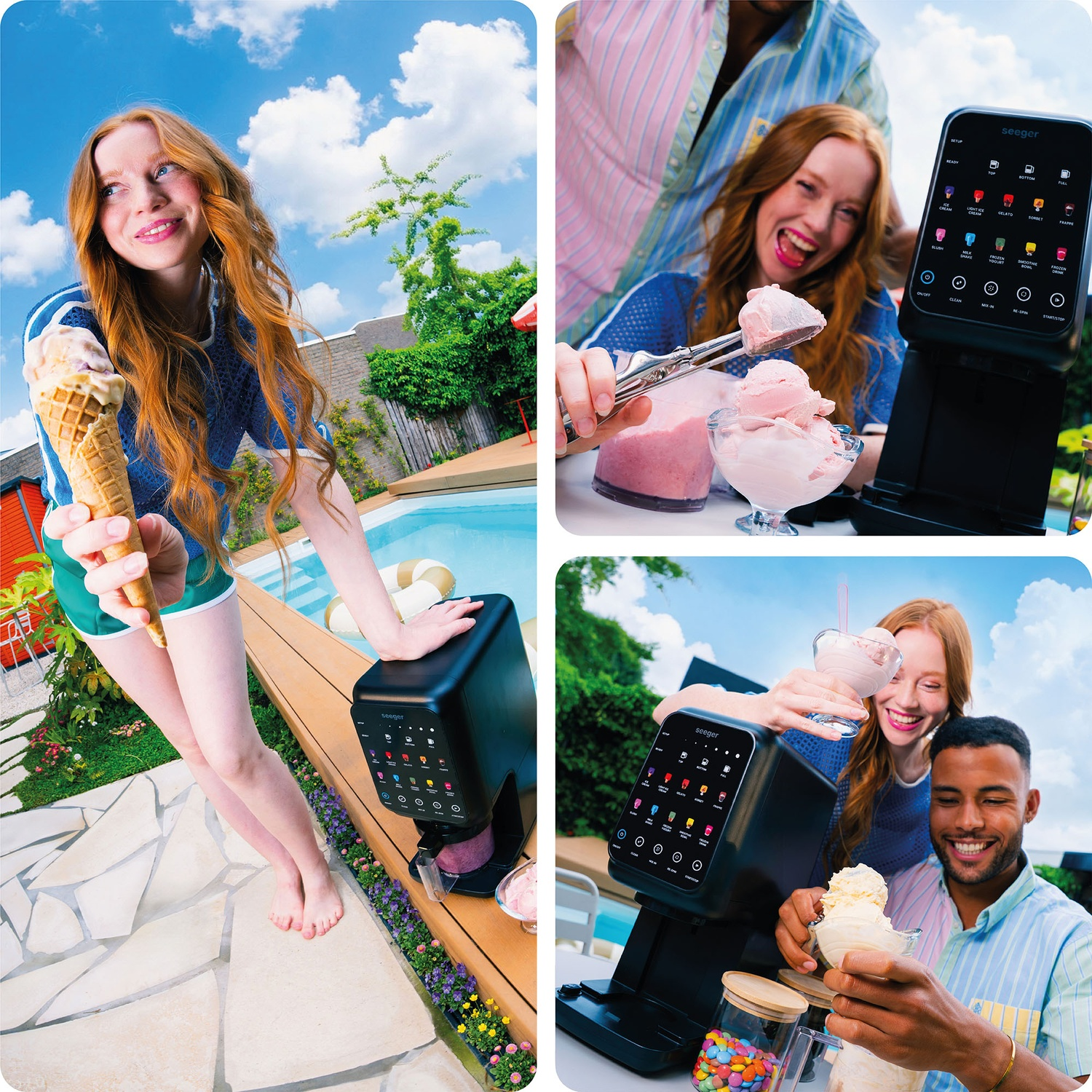Red-haired woman with ice cream by a pool, and close-ups of people preparing desserts using an ice cream machine.