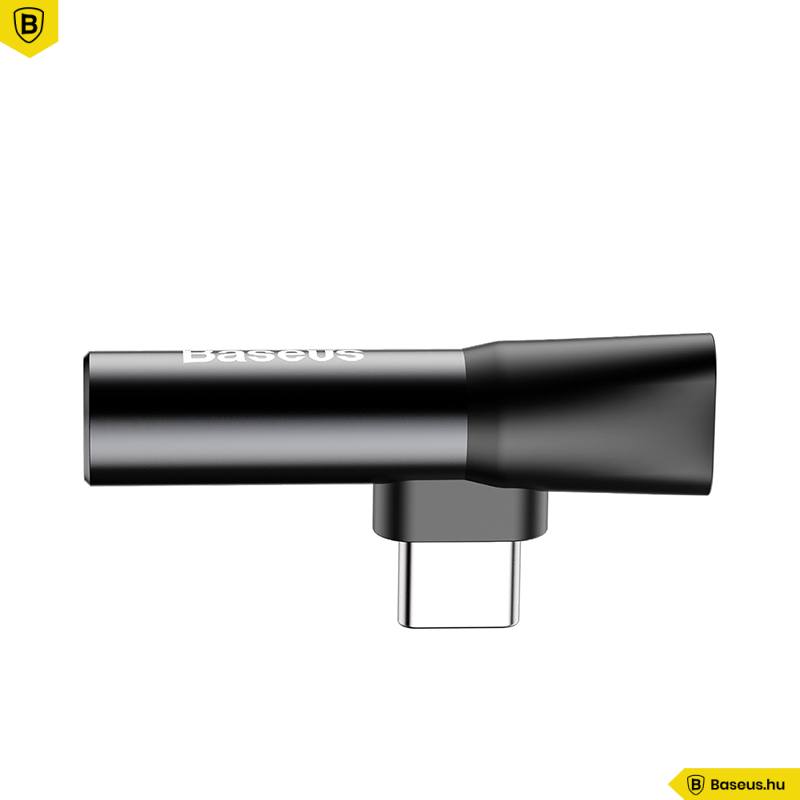 Egy fekete Baseus USB-C adapter fehér háttérrel, hengeres testtel és C-típusú csatlakozóval.