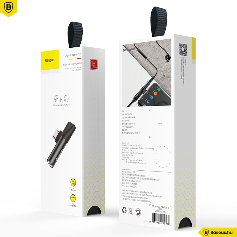 Két fehér Baseus audio adapter doboz termékképekkel és részletekkel.