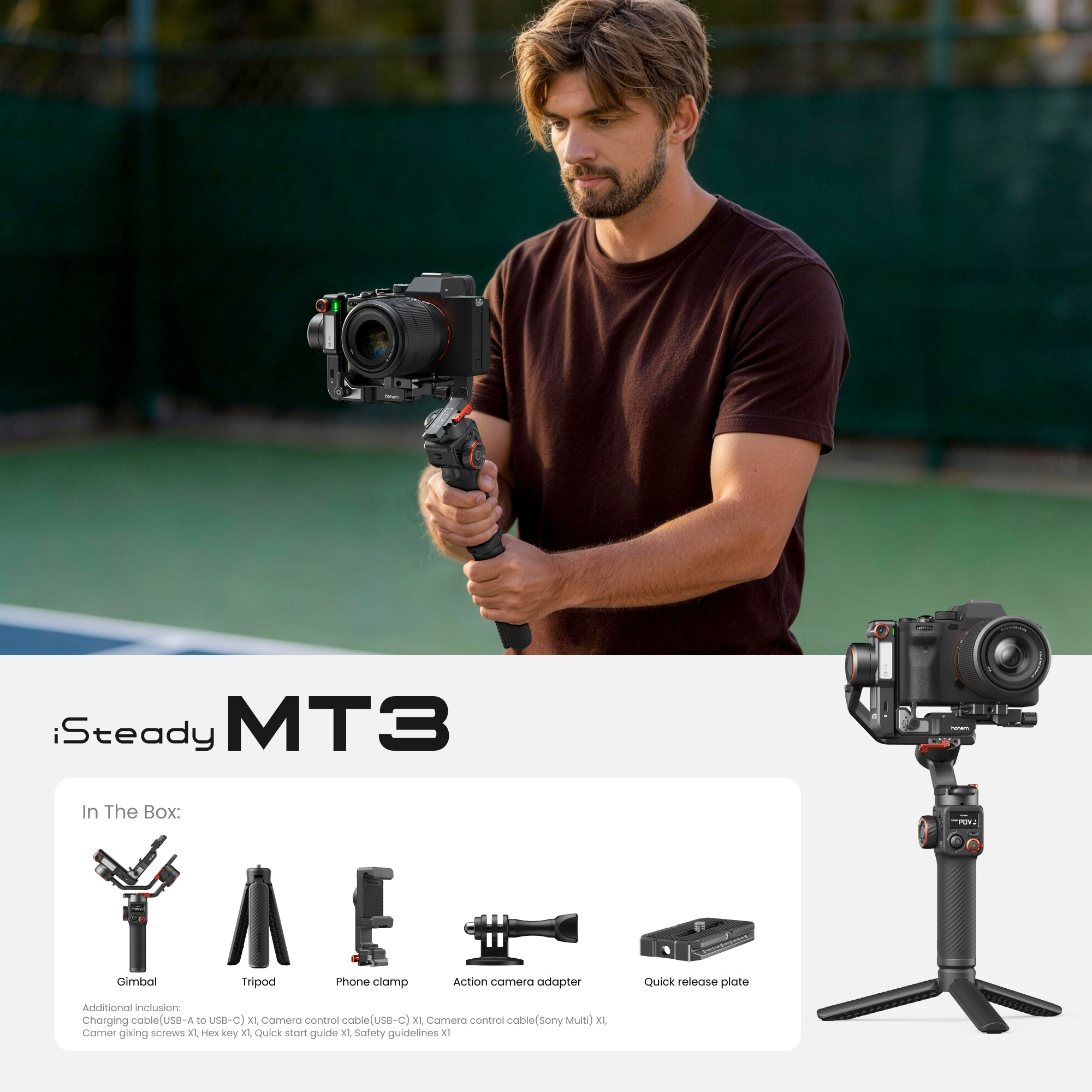 Ein Mann hält einen Kamera-Gimbal, der Text lautet iSteady MT3, mit Zubehör unten angezeigt.