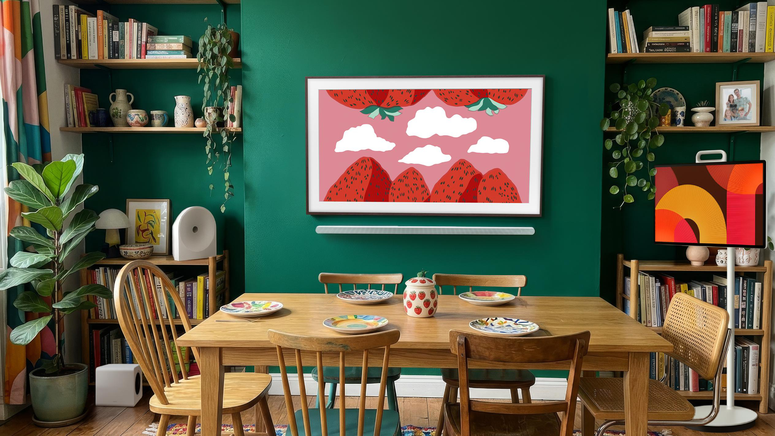 Ein Esszimmer hat grüne Wände, einen Holztisch mit bunten Tellern, Regale und einen Fernseher an der Wand.
