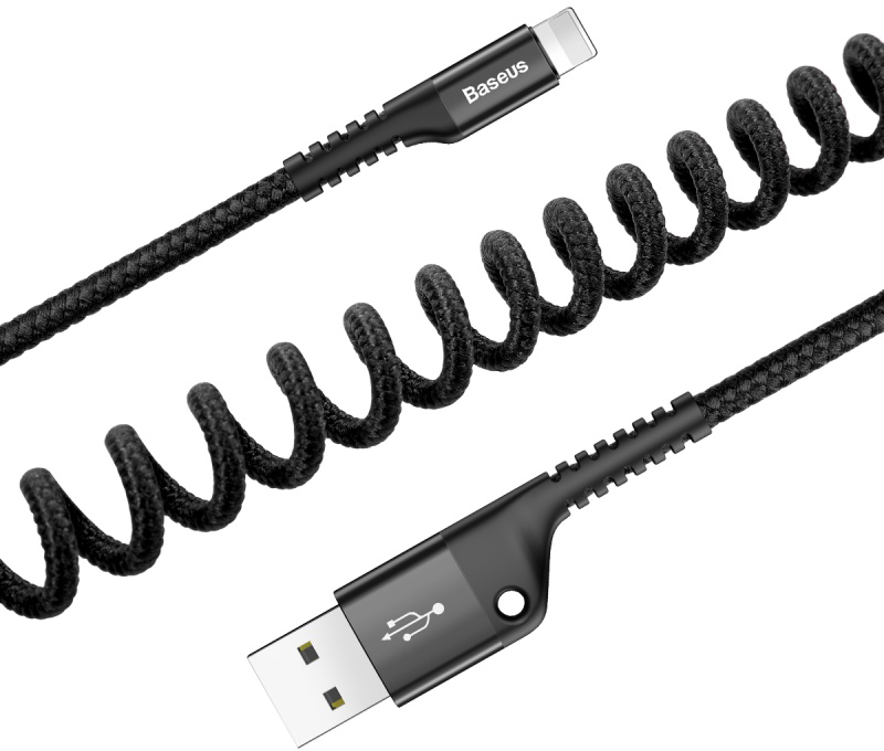 Fekete fonott Baseus spirálos USB-kábel USB-A csatlakozóval fehér háttérben.