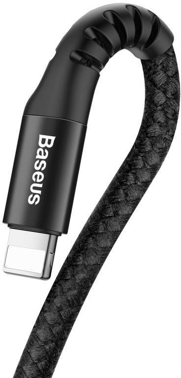 Egy fekete fonott Baseus USB töltőkábel csatlakozóval fehér háttér előtt.