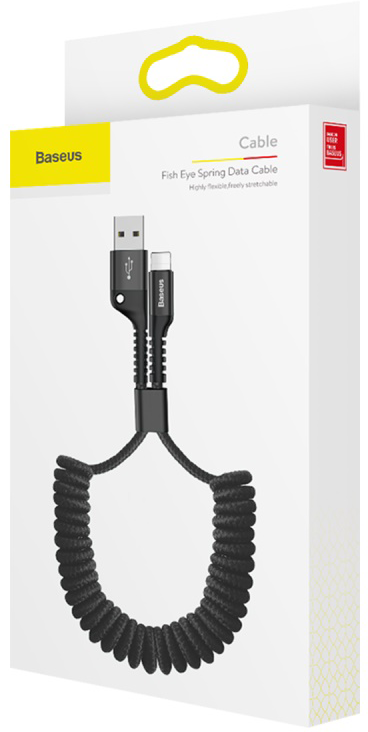 Csomagolás a fekete Baseus Fish Eye spirális adatkábelhez USB és Type-C csatlakozókkal, fehér háttér előtt.
