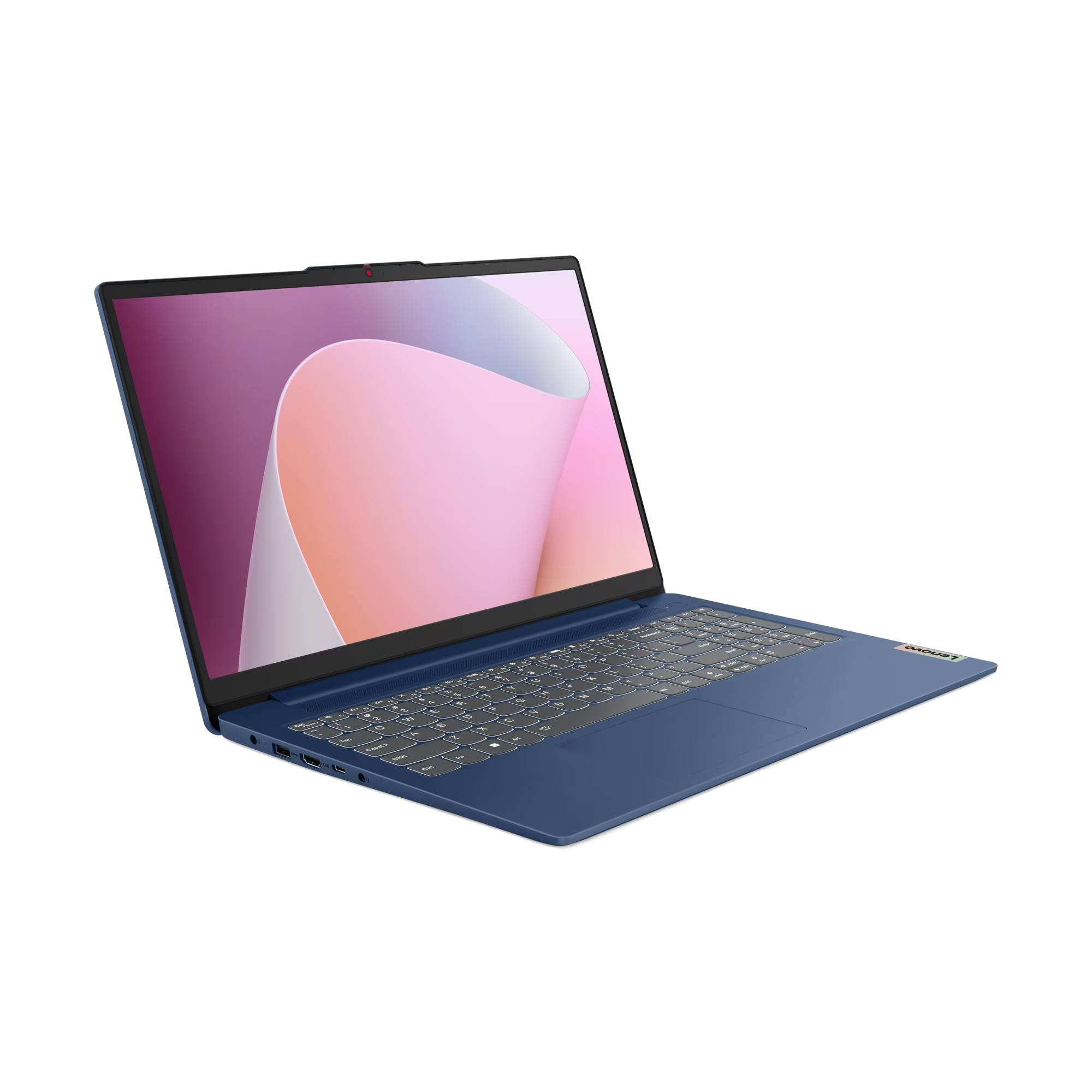Una laptop azul con pantalla abierta muestra un fondo rosa y morado contra un fondo negro sólido.