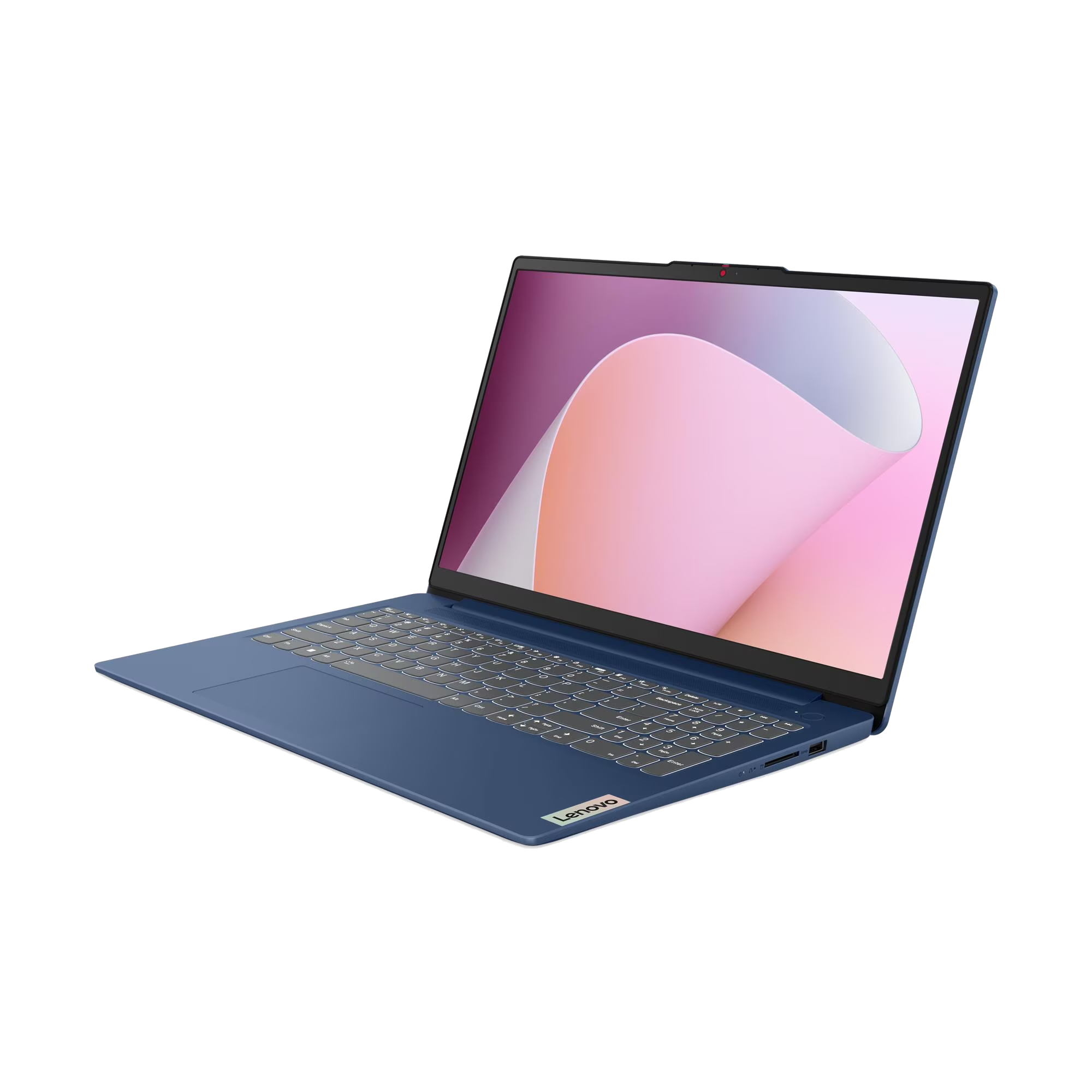 Un portátil Lenovo azul con la pantalla abierta muestra un fondo abstracto rosa sobre fondo negro.