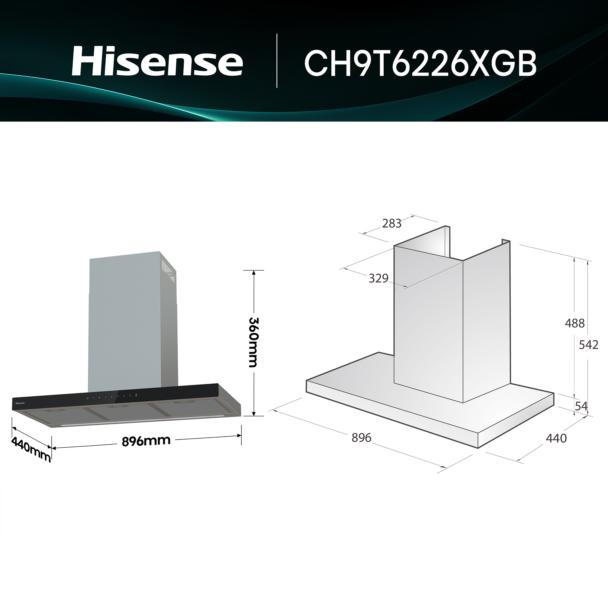 Campana extractora Hisense "CH9T6226XGB" con planos de dimensiones.