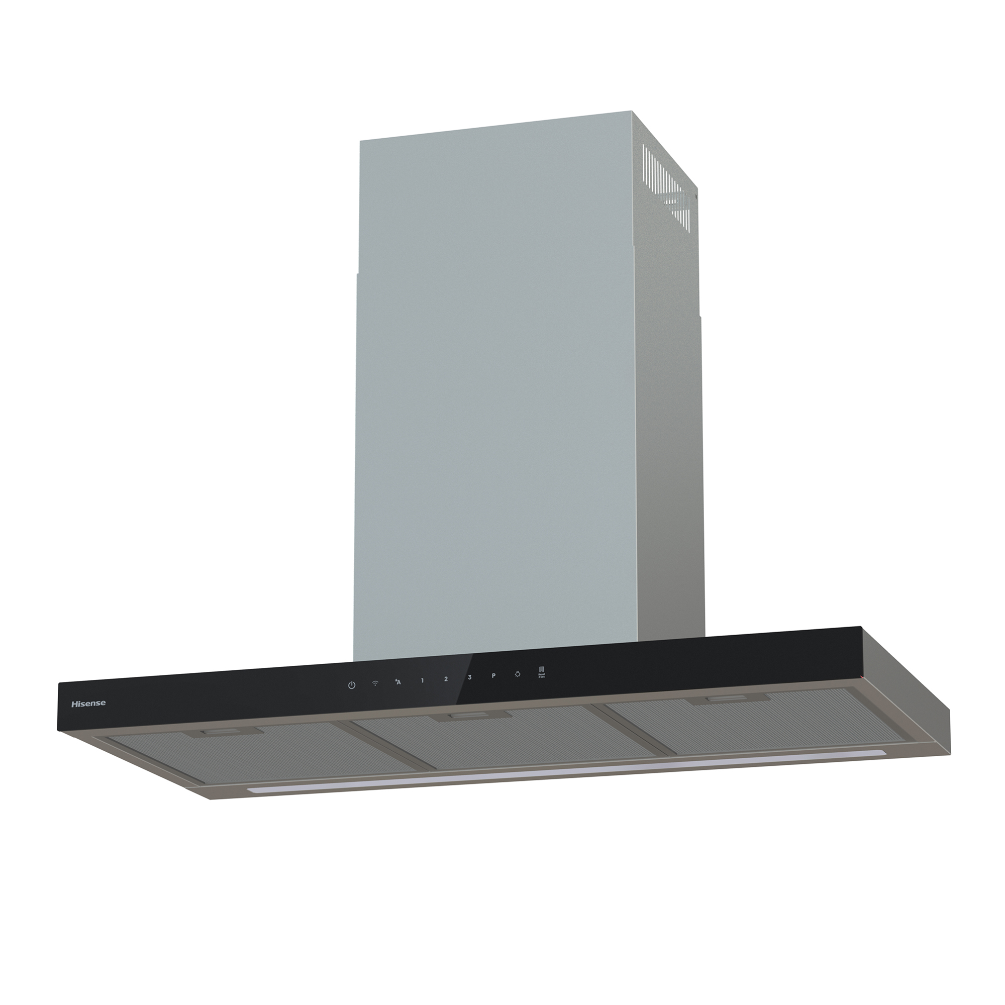 Campana extractora de pared moderna de acero inoxidable con panel de vidrio negro.
