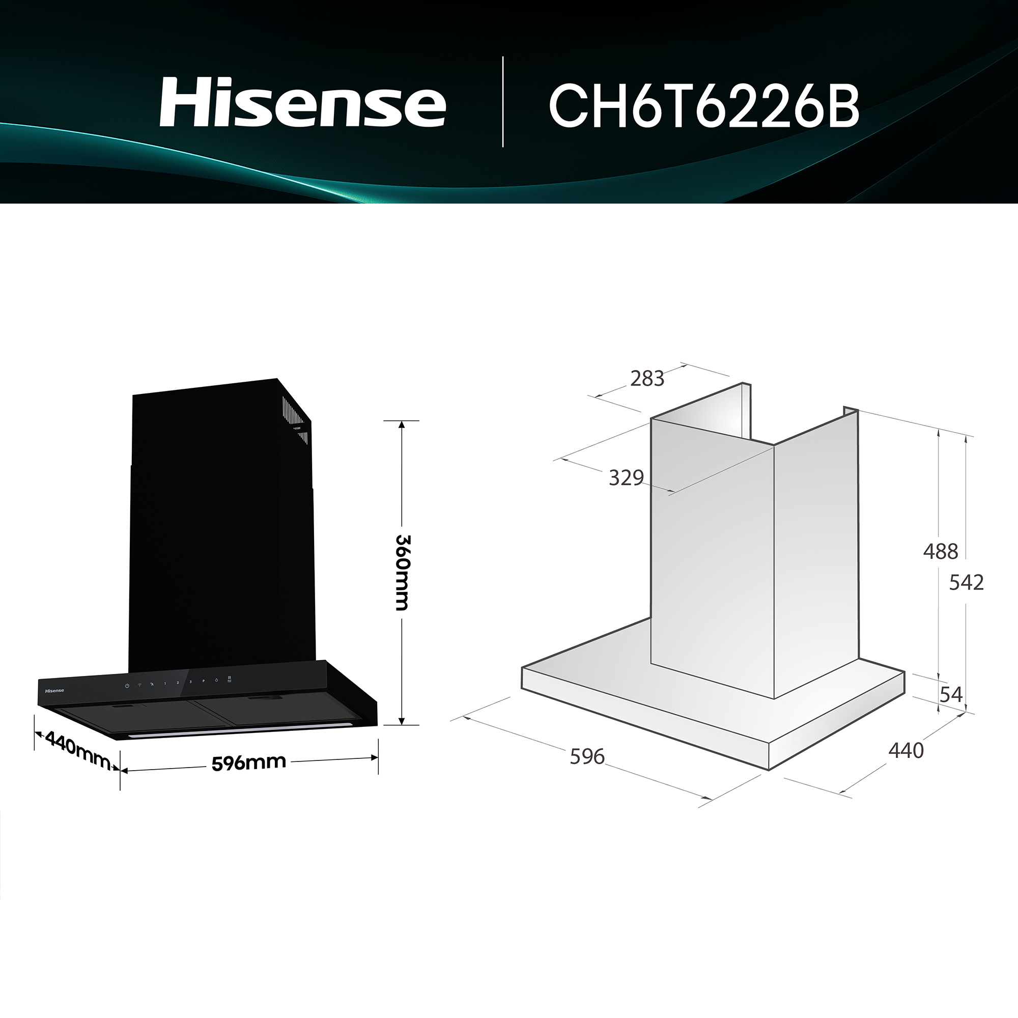 Dibujo técnico de la campana extractora Hisense "CH6T6226B" con dimensiones.