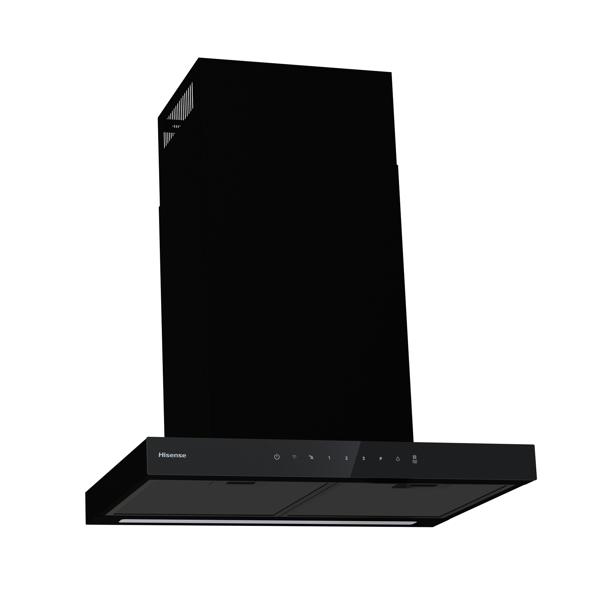 Una campana extractora Hisense negra con panel táctil e iluminación inferior sobre fondo blanco.