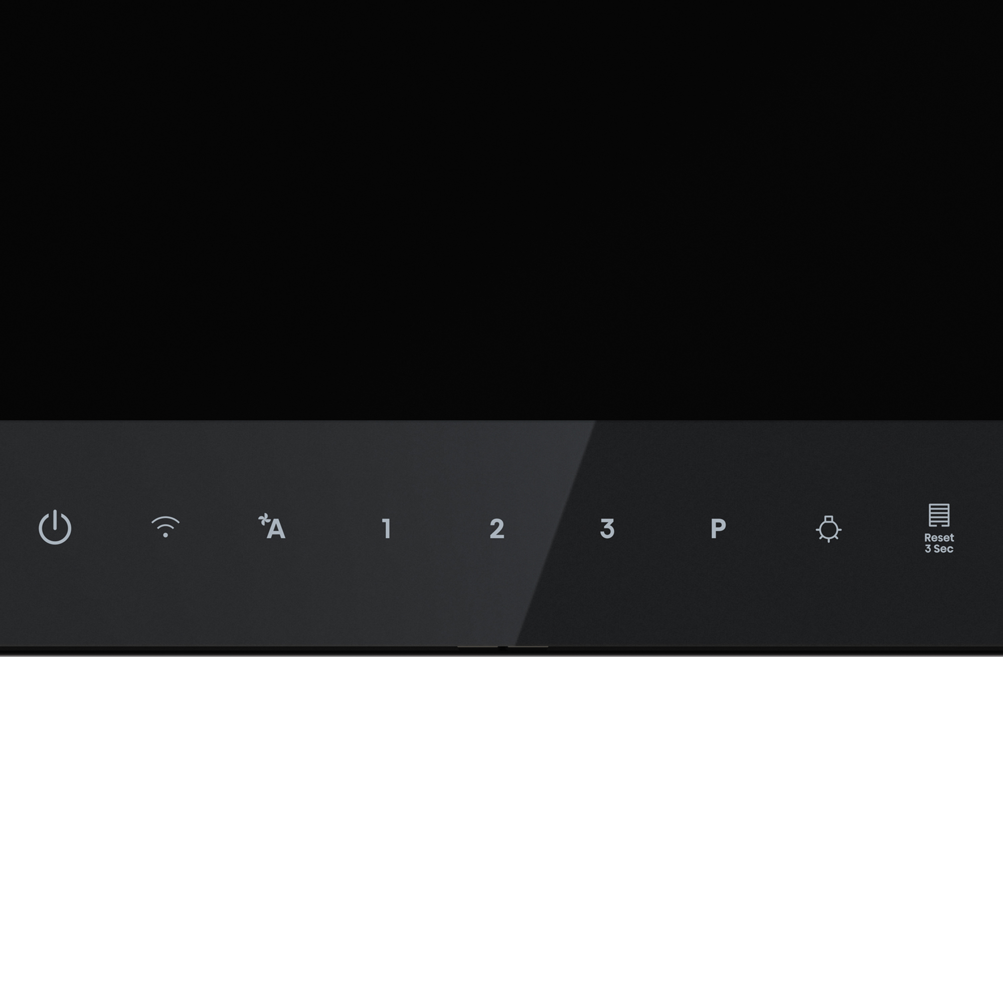 Panel de control de un electrodoméstico con botones táctiles para encendido, wifi, velocidades e iluminación sobre fondo negro.