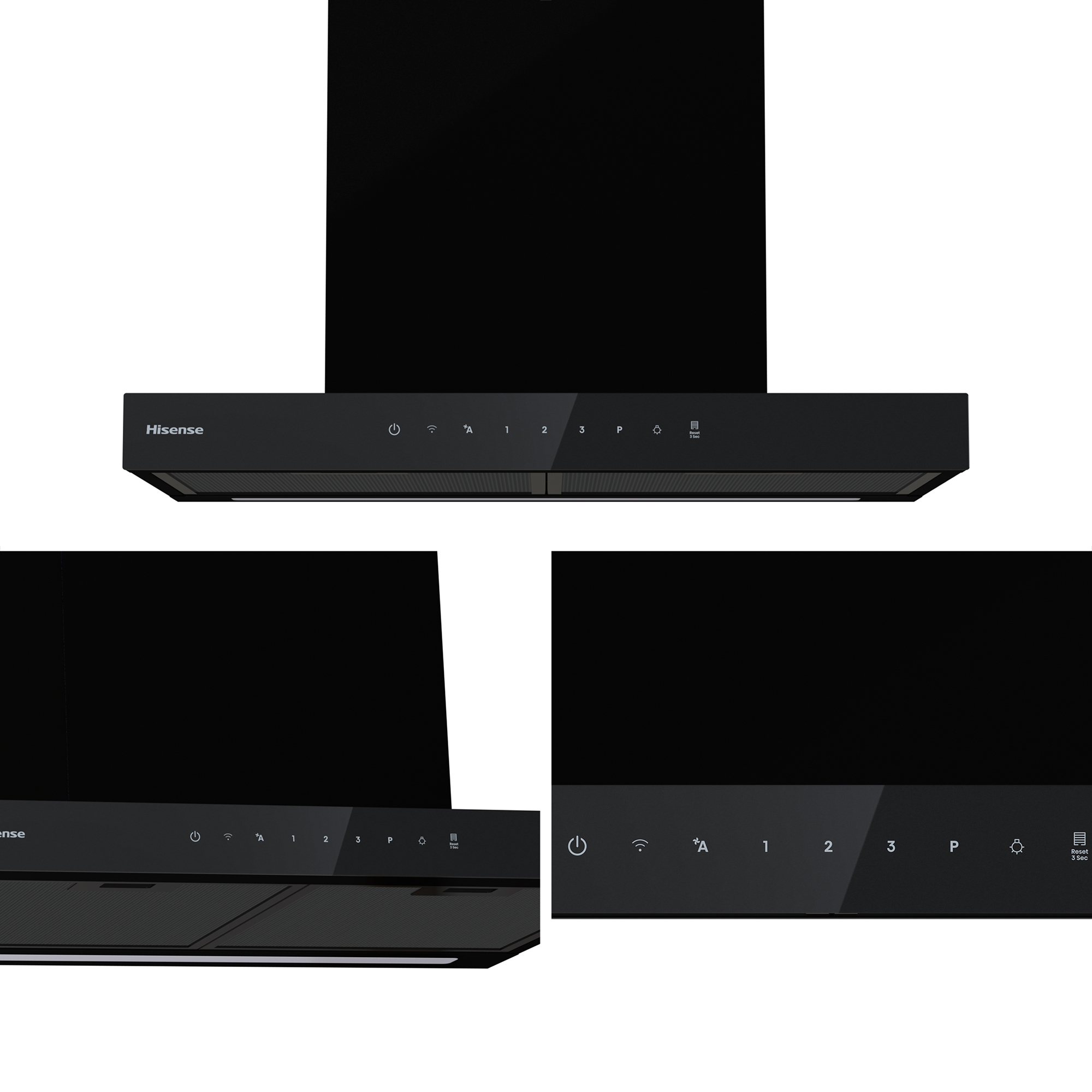 Campana extractora Hisense negra con panel táctil, mostrada en varias vistas.