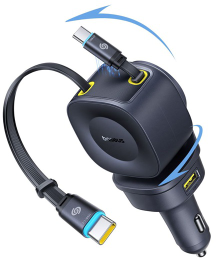 Egy fekete Baseus autós töltő visszahúzható USB-C kábellel és USB-A porttal, kék forgásnyilakkal.