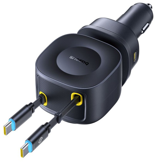 Fekete autós töltő két beépített USB-C kábellel és egy további USB-porttal.