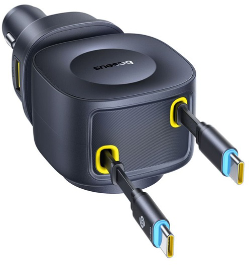 Sötétszürke autós töltő beépített kábelekkel és USB portokkal fehér háttér előtt.
