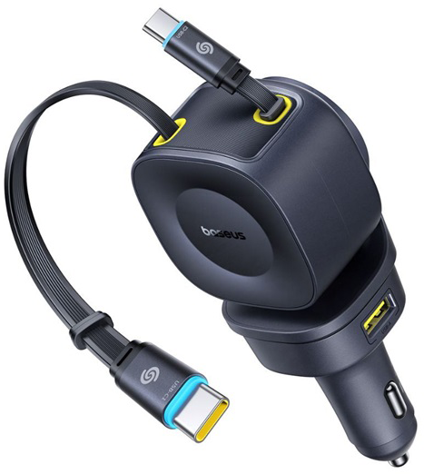 Sötétszürke Baseus autós töltő két kihúzható USB-C kábellel és egy extra USB porttal fehér háttér előtt.