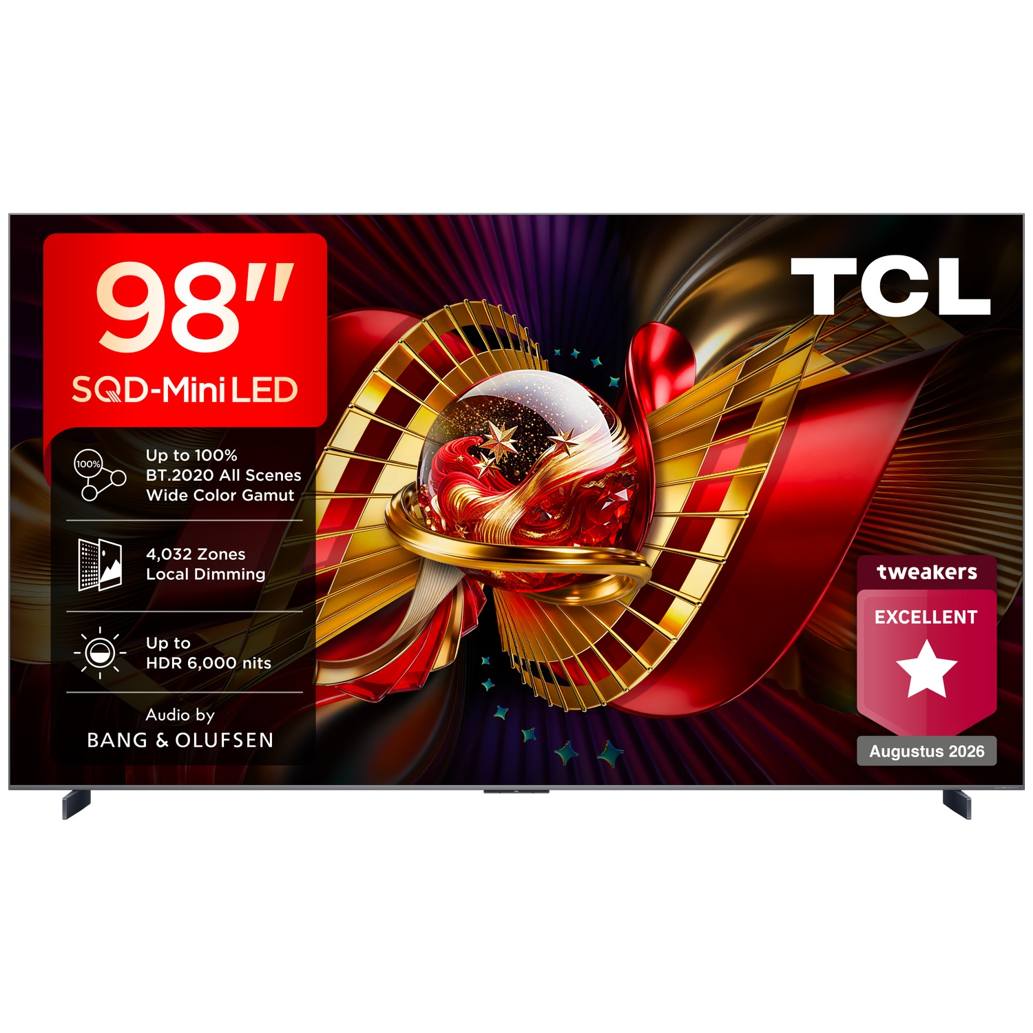 98-inch TCL SQD-Mini LED TV displaying colorful abstract graphics and technical features.