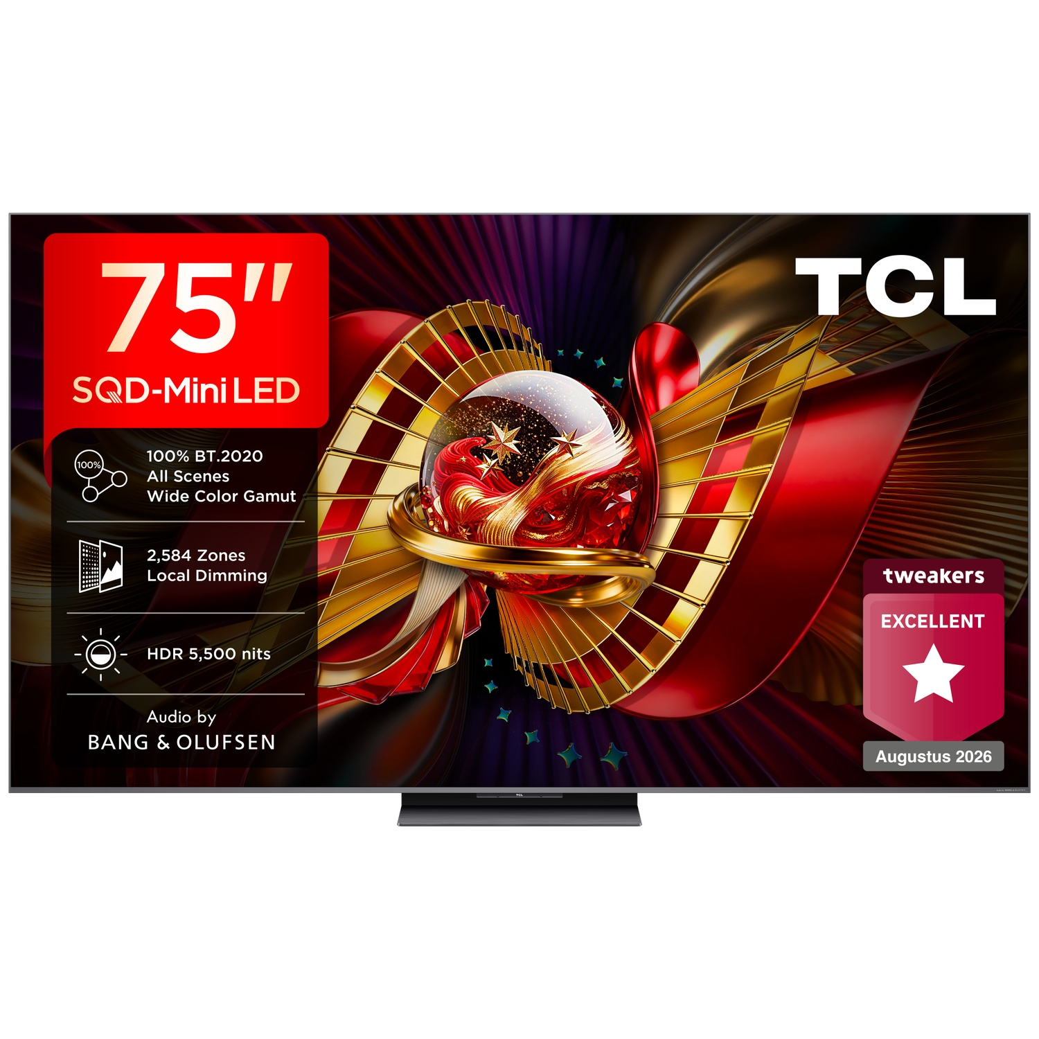 TCL 75-inch Mini LED TV featuring colorful abstract graphics and technical features displayed on screen.
