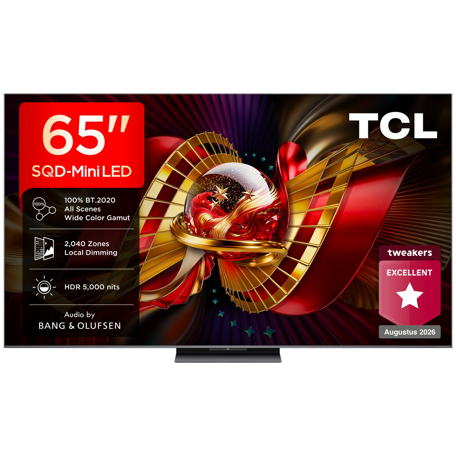 65-inch TCL TV displaying a colorful abstract graphic, technical specs, and an award.