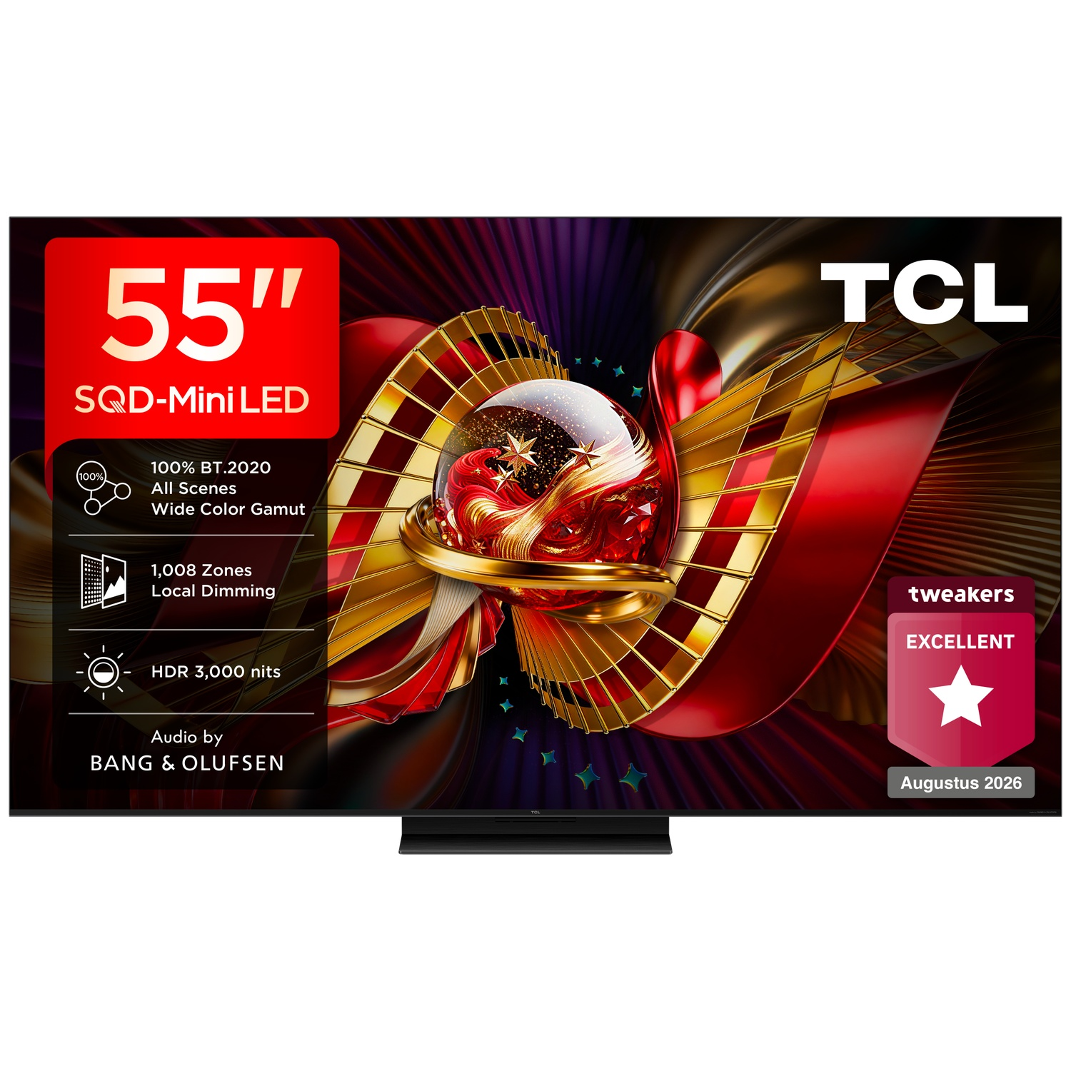 A TCL 55-inch SQD-Mini LED TV displaying an abstract red and gold graphic with text overlays.