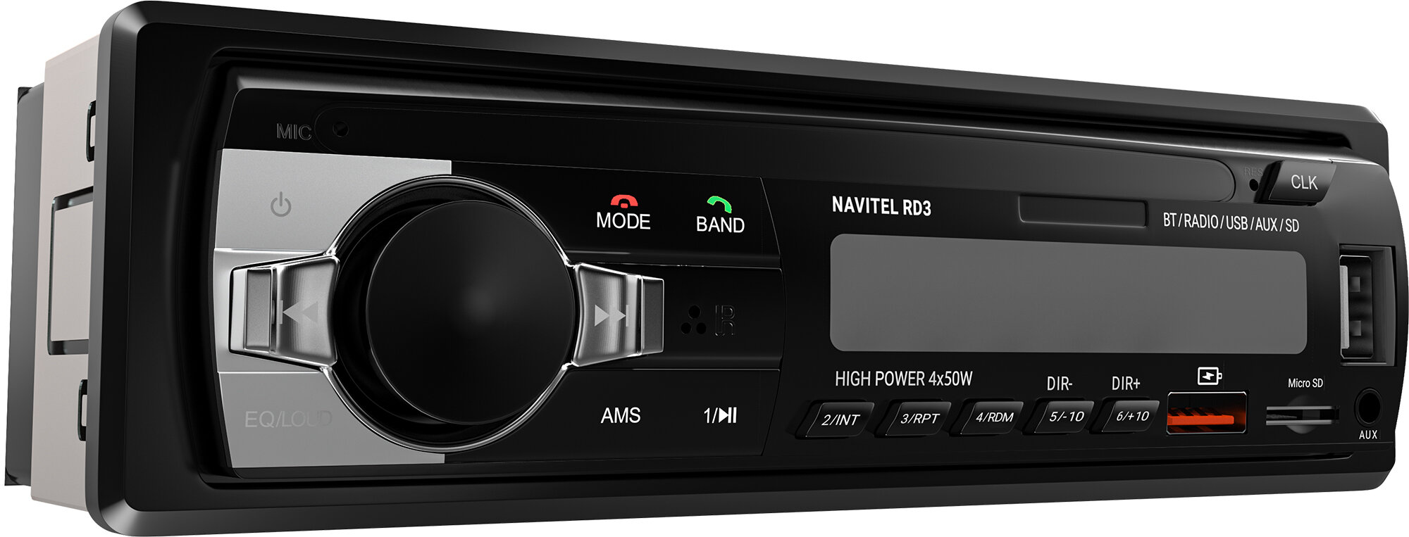 Czarne radio samochodowe Navitel RD3 z wyświetlaczem LCD, pokrętłem głośności, przyciskami, portami USB i AUX.