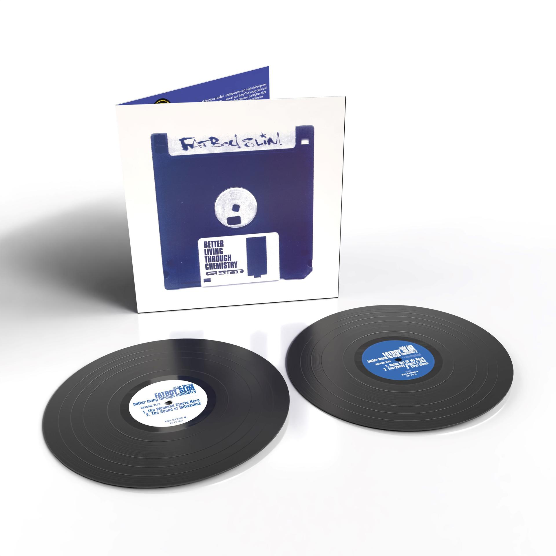 Fatboy Slim's double vinyl 'Better Living Through Chemistry' with cover and blue floppy disk.