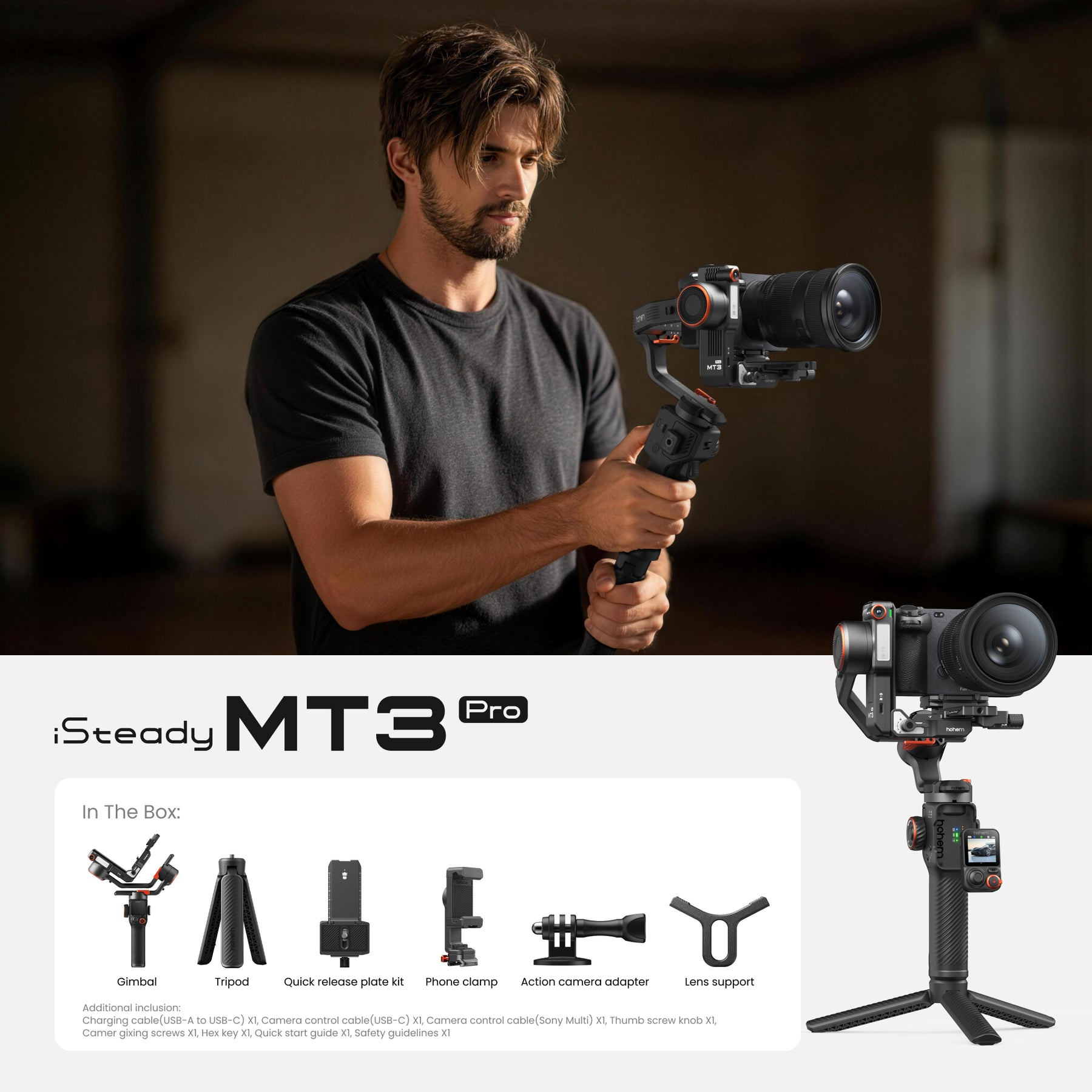 Ein Mann hält einen Kamera-Gimbal. Unten zeigt eine Grafik Zubehör und Produkttext.