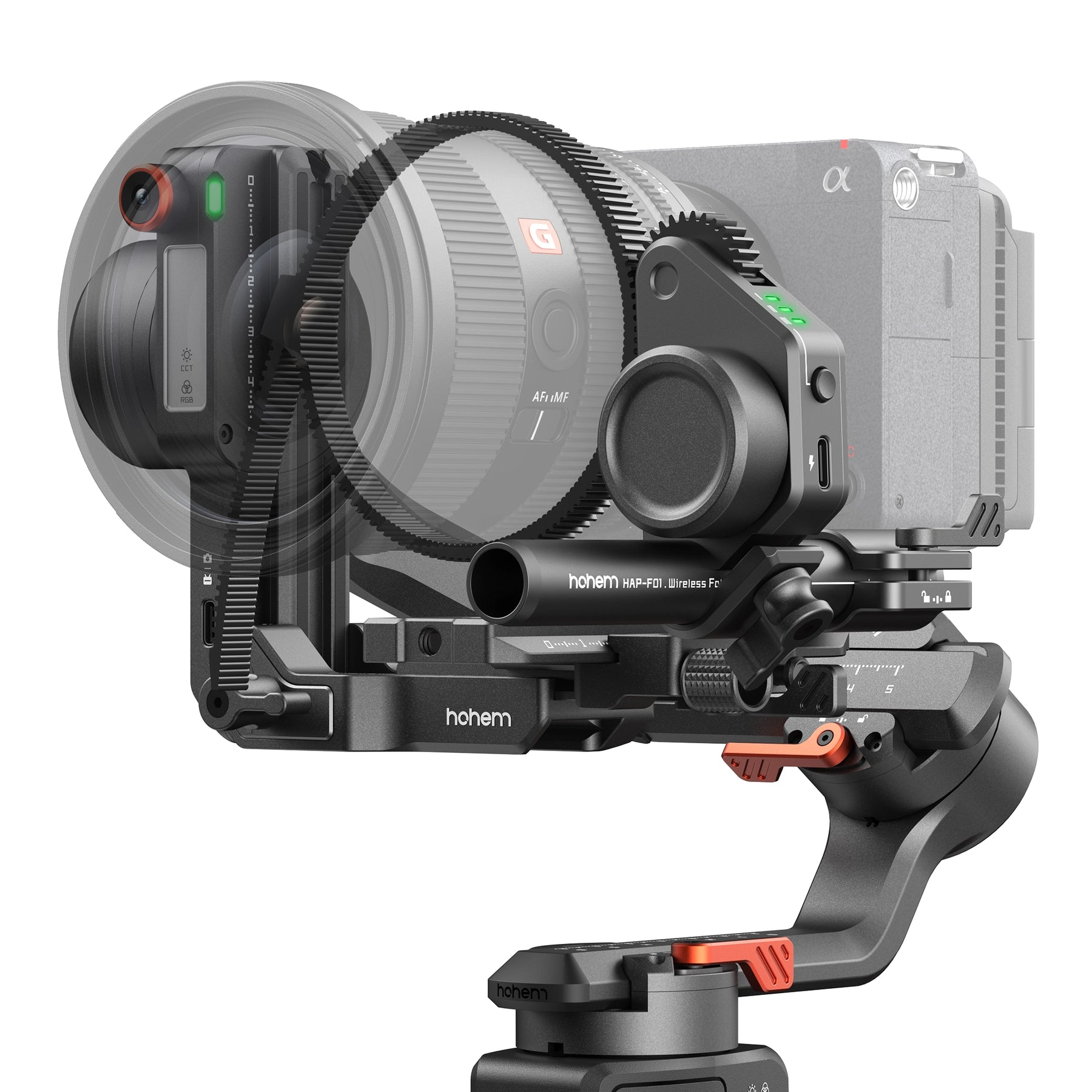 Eine professionelle Kamera auf einem elektronischen Gimbal mit drahtlosem Fokusmotor und Zahnriemen.