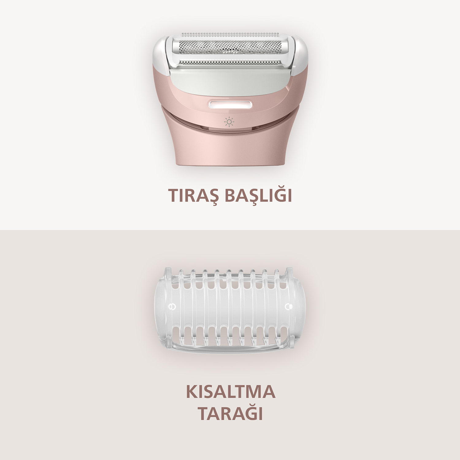 Bej arka planda LED ışıklı tıraş başlığı ve şeffaf kısaltma tırnağı.