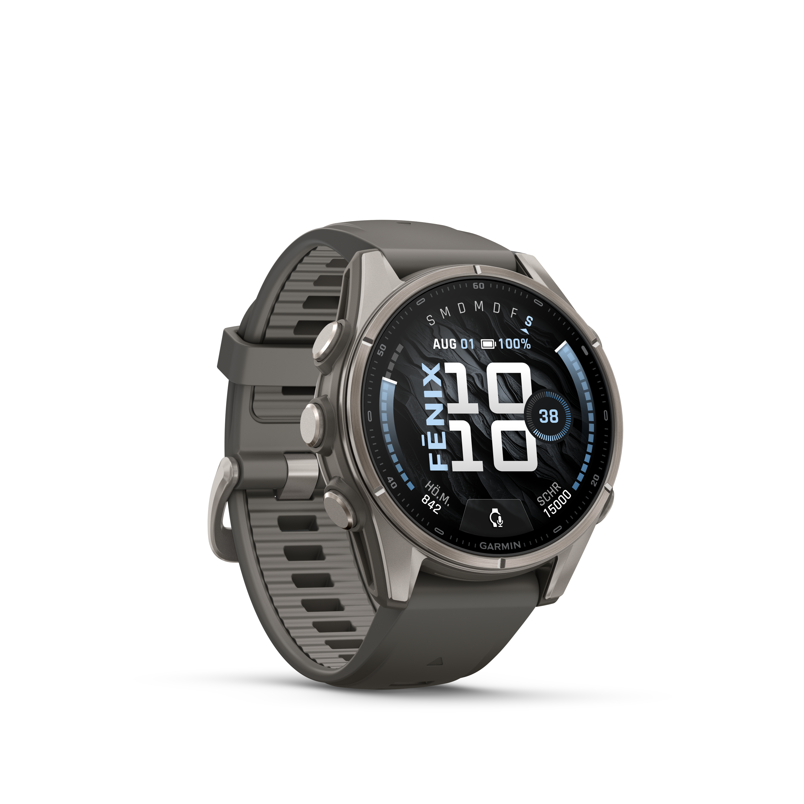 Eine graue Garmin Fenix Smartwatch mit digitalem Zifferblatt und Silikonarmband auf weißem Hintergrund.