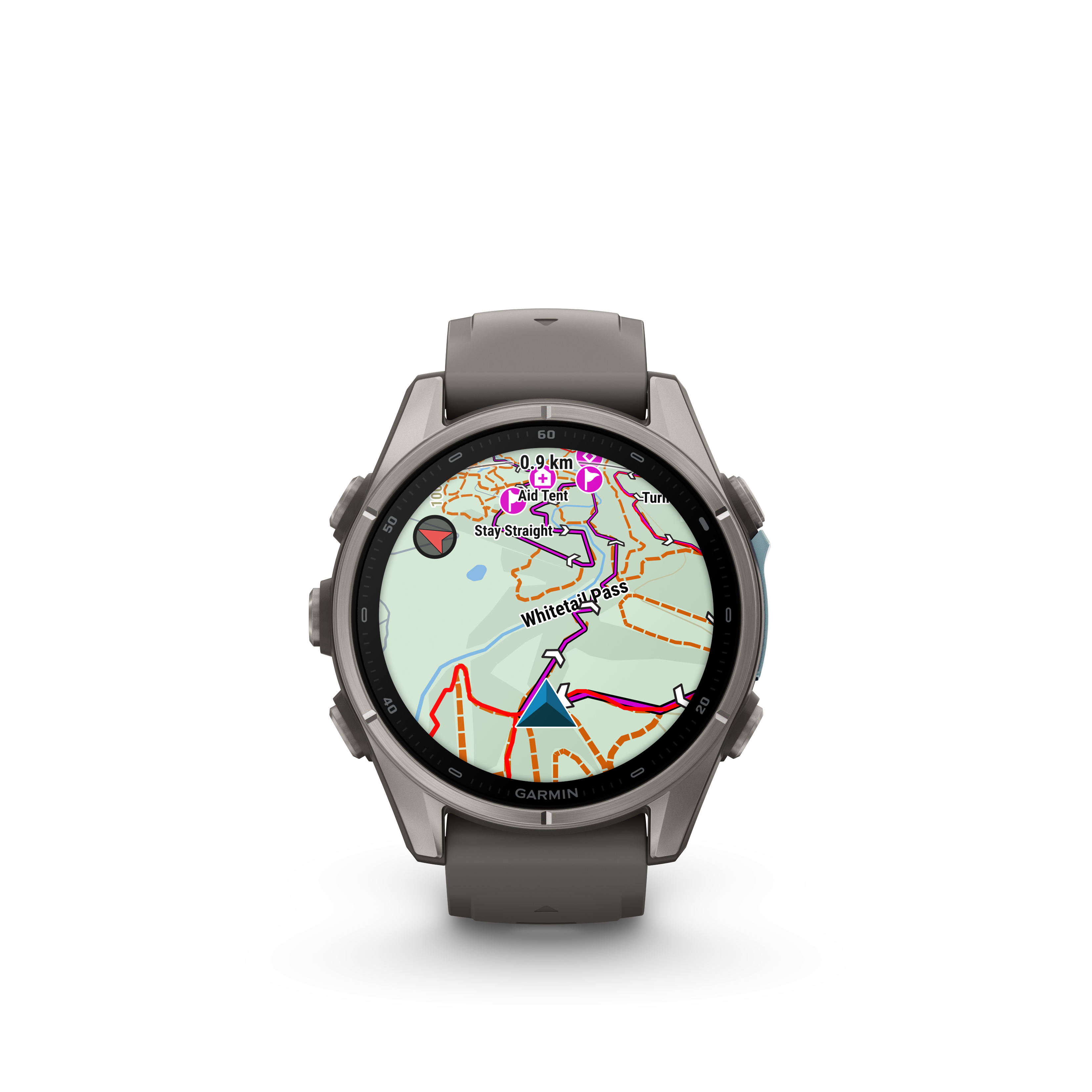 Eine graue Garmin-Sportuhr zeigt eine detaillierte digitale Outdoor-Karte mit Wanderwegen und Markierungen auf dem Display.